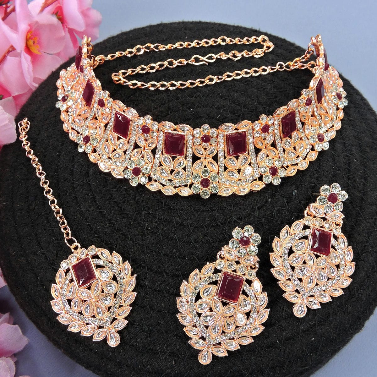 Alloy Choker Necklace Set In Maroon Colour VSNS1250020