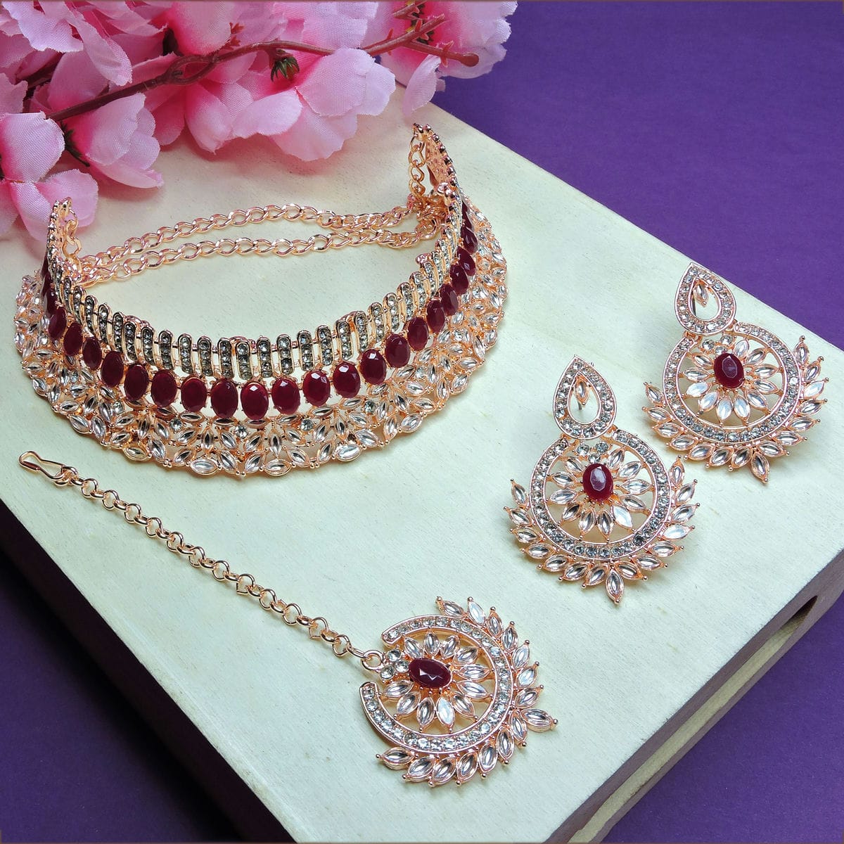 Alloy Choker Necklace Set In Maroon Colour VSNS1250050