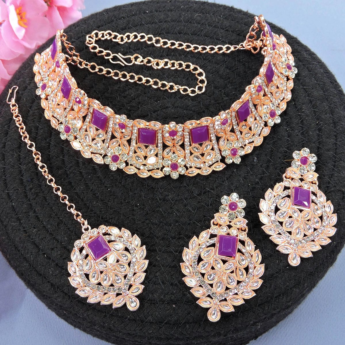 Alloy Choker Necklace Set In Purple Colour VSNS1250025