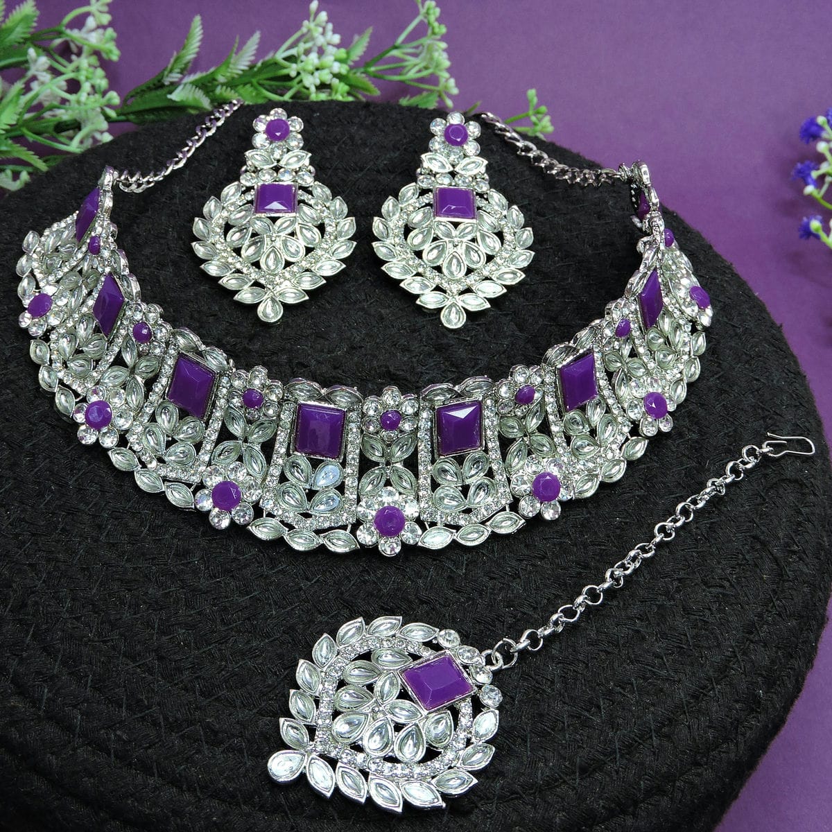 Alloy Choker Necklace Set In Purple Colour VSNS1250030