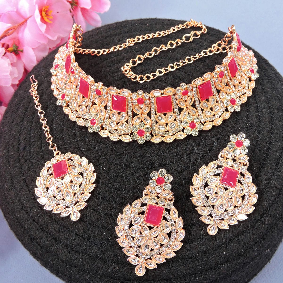 Alloy Choker Necklace Set In Rani Pink Colour VSNS1250027