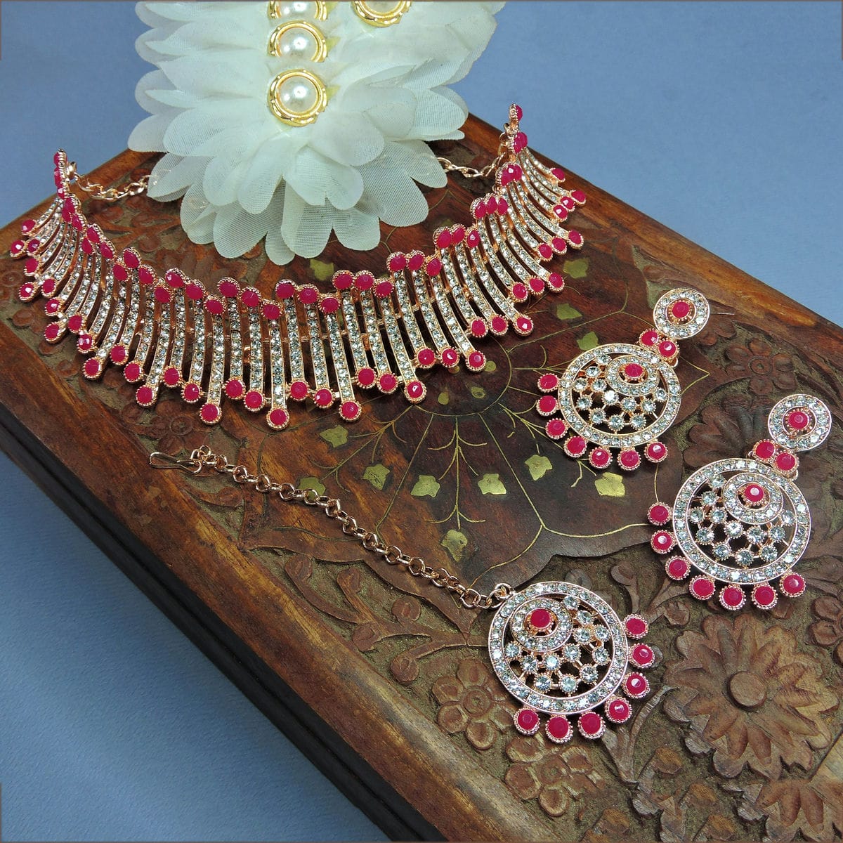 Alloy Choker Necklace Set In Rani Pink Colour VSNS1250045