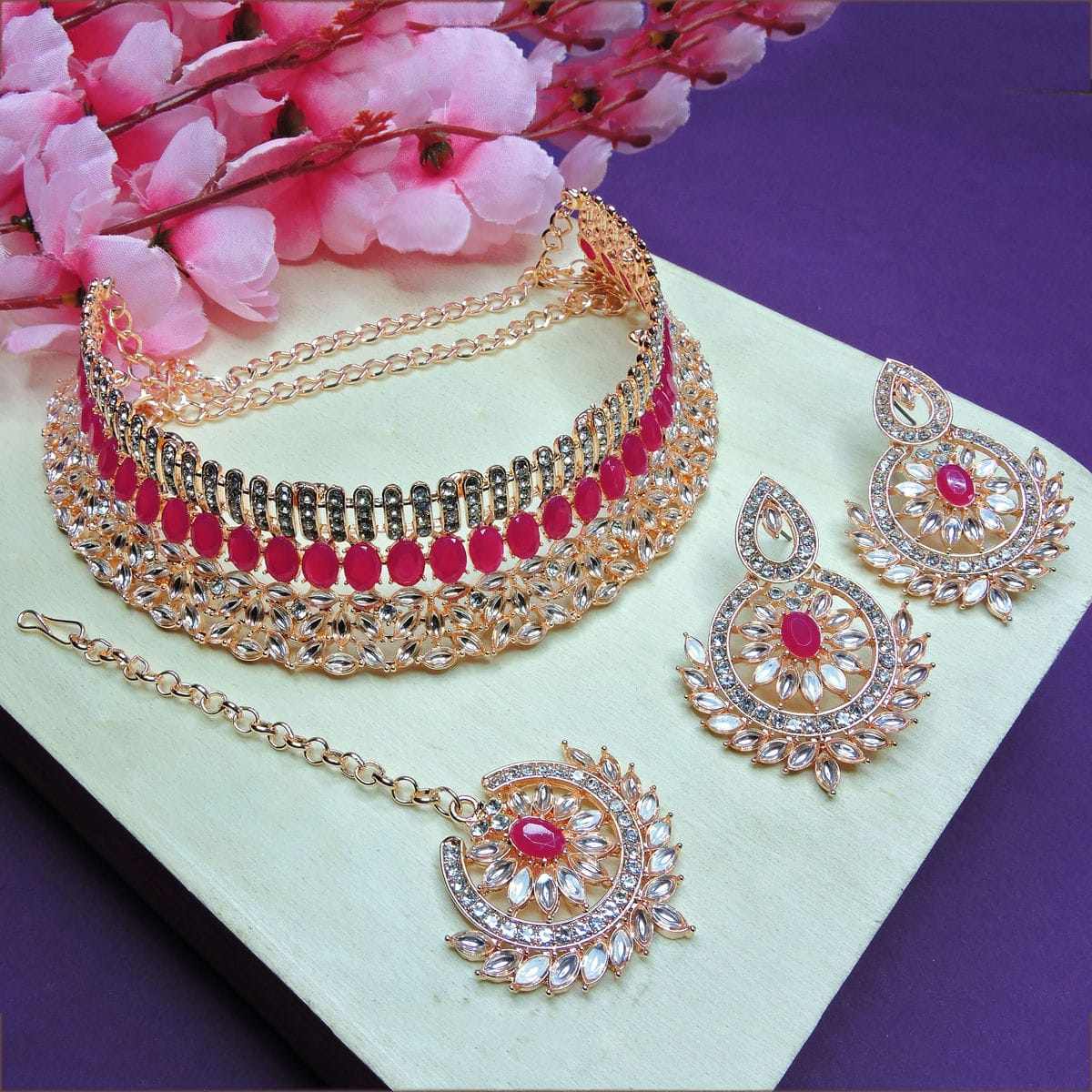 Alloy Choker Necklace Set In Rani Pink Colour VSNS1250057