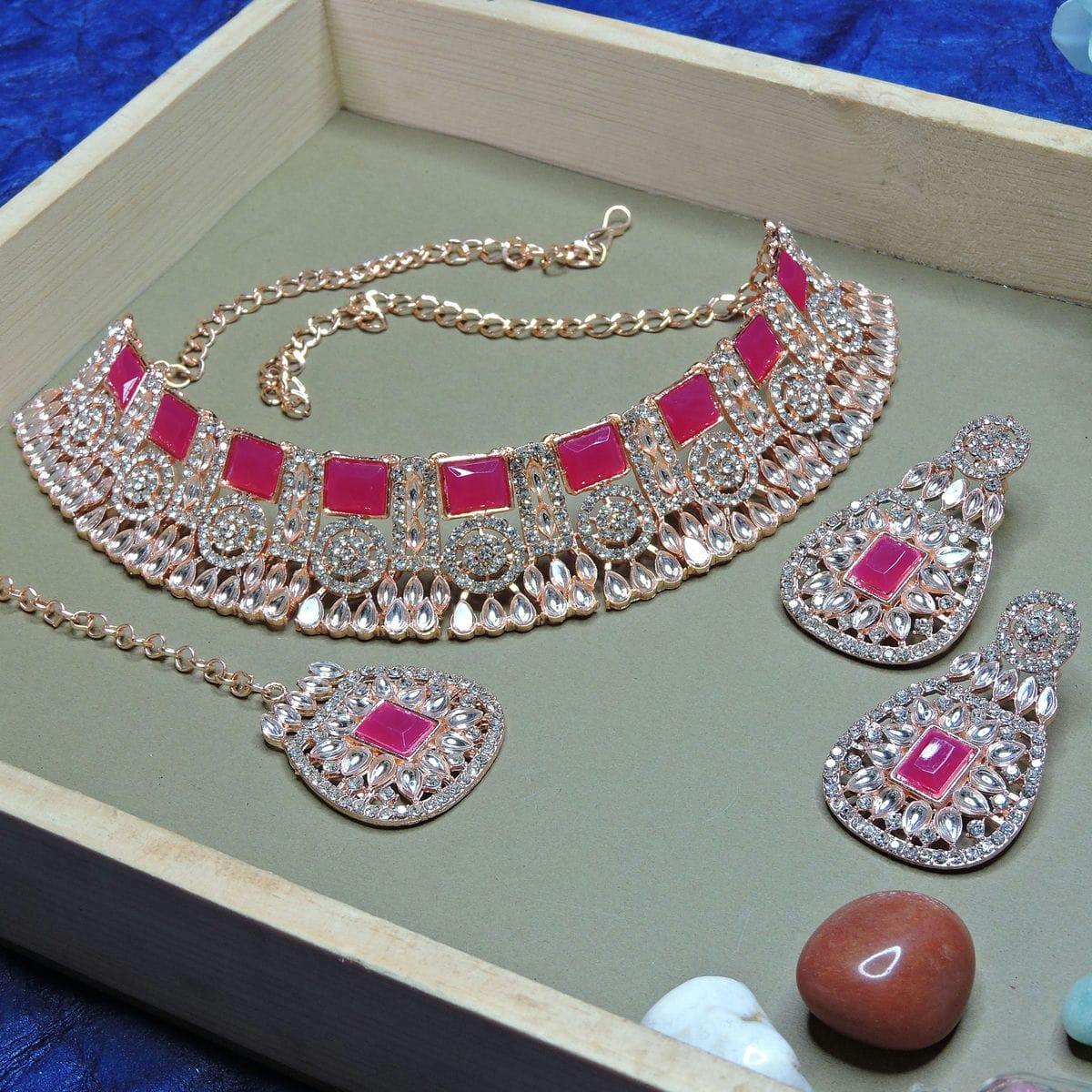 Alloy Choker Necklace Set In Rani Pink Colour VSNS1250084