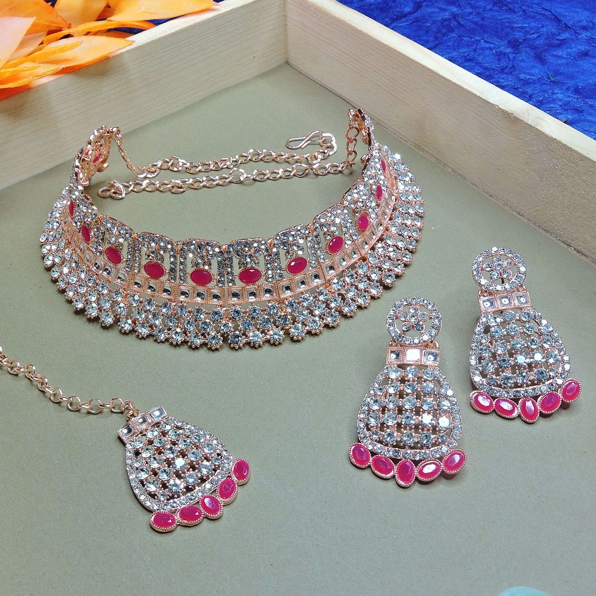 Alloy Choker Necklace Set In Rani Pink Colour VSNS1250097