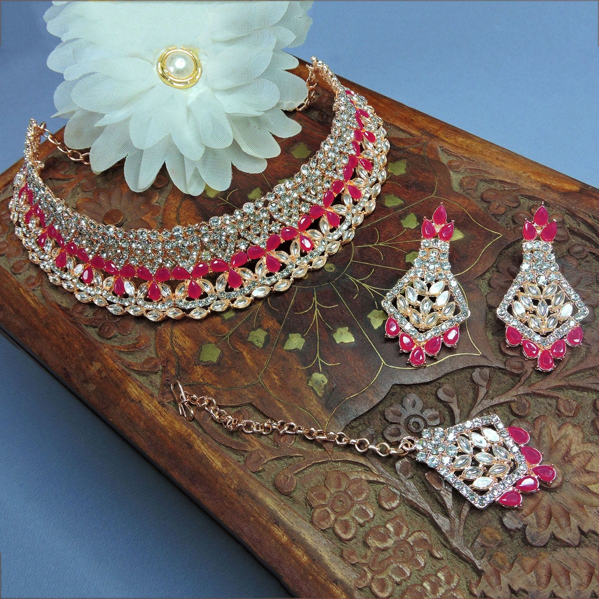 Alloy Choker Necklace Set In Rani Pink Colour VSNS1250109