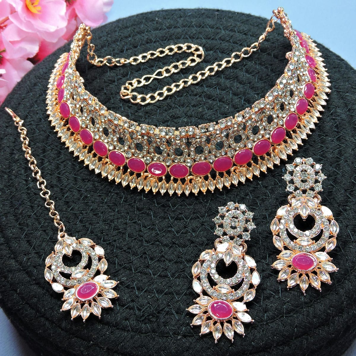Alloy Choker Necklace Set In Rani Pink Colour VSNS1250122