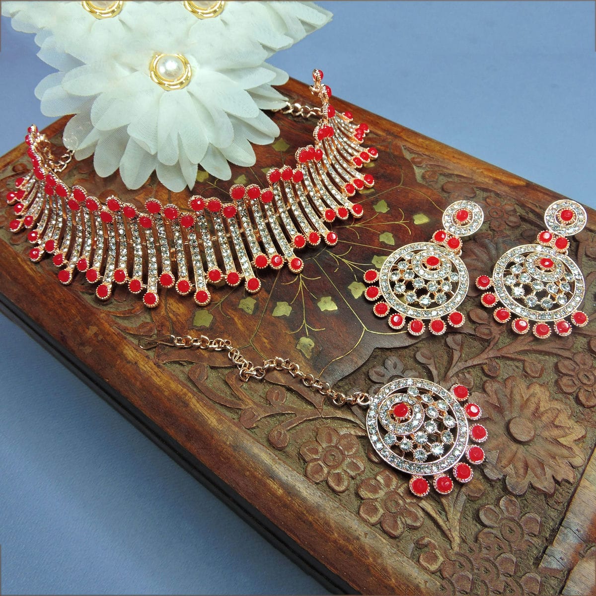 Alloy Choker Necklace Set In Red Colour VSNS1250044