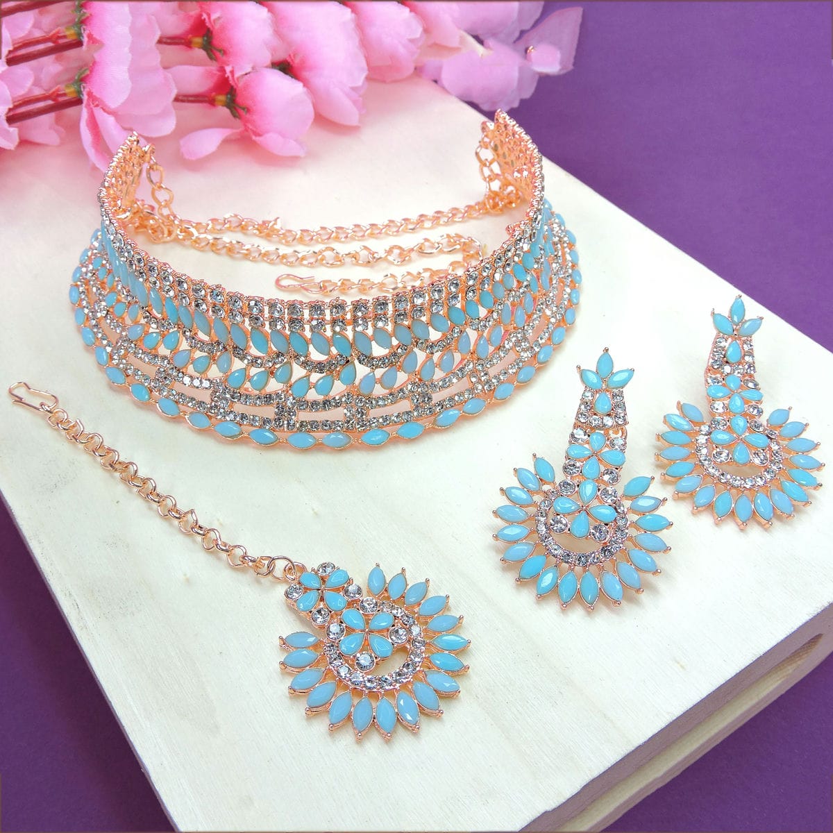 Alloy Choker Necklace Set In Sky Blue Colour VSNS1250002