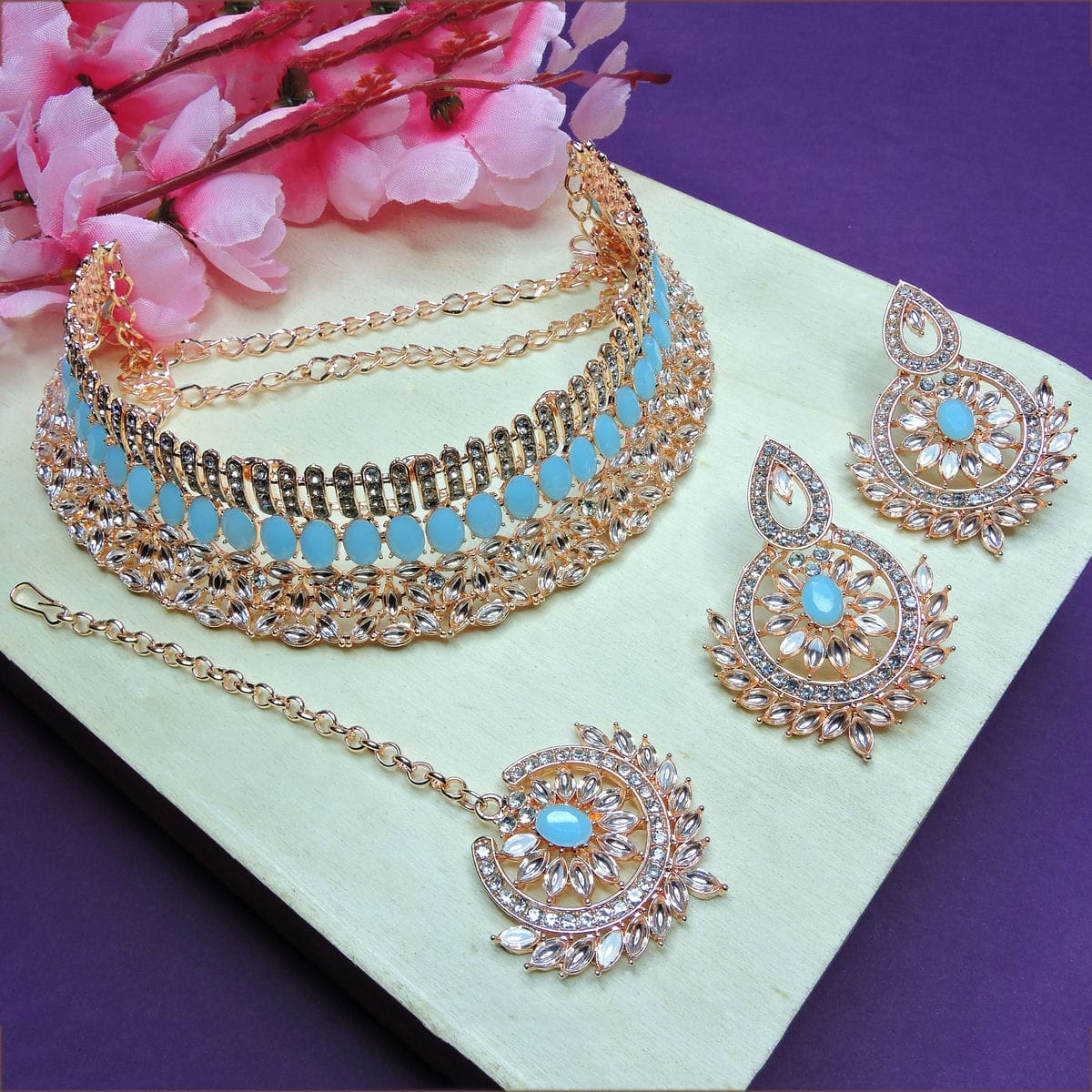 Alloy Choker Necklace Set In Sky Blue Colour VSNS1250048