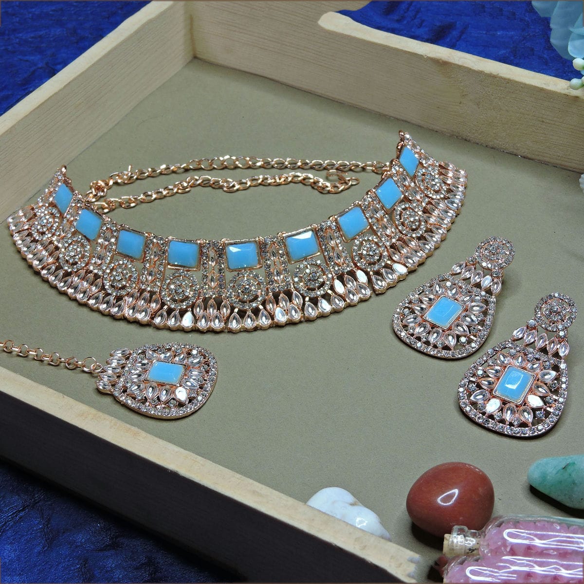 Alloy Choker Necklace Set In Sky Blue Colour VSNS1250074