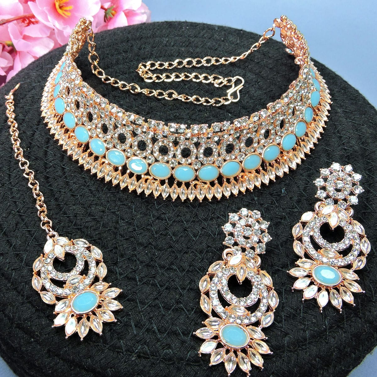 Alloy Choker Necklace Set In Sky Blue Colour VSNS1250112