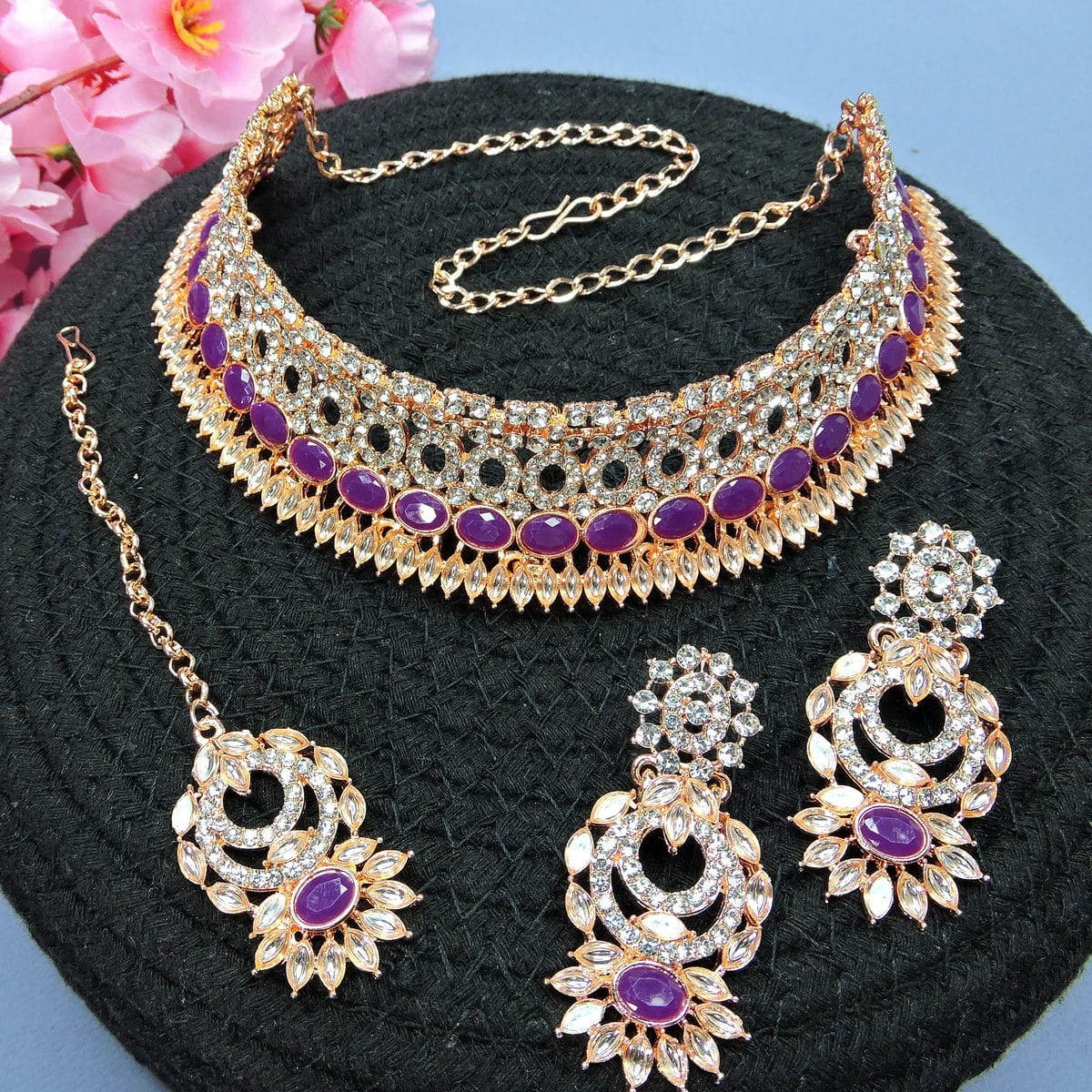 Alloy Choker Necklace Set In Violet Colour VSNS1250120