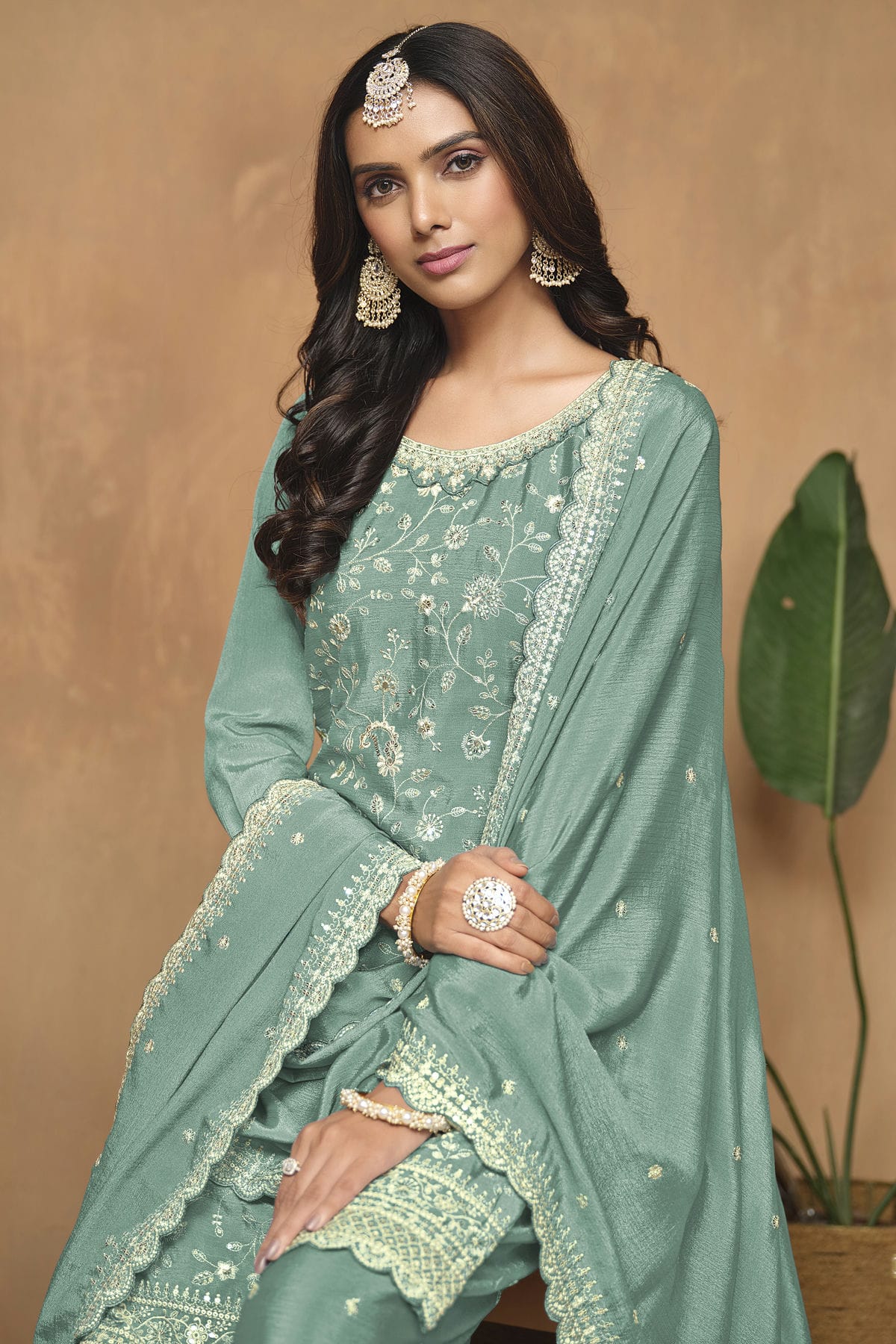 Aqua Blue Colour Chinon Palazzo Pant Suit VSSM1050582