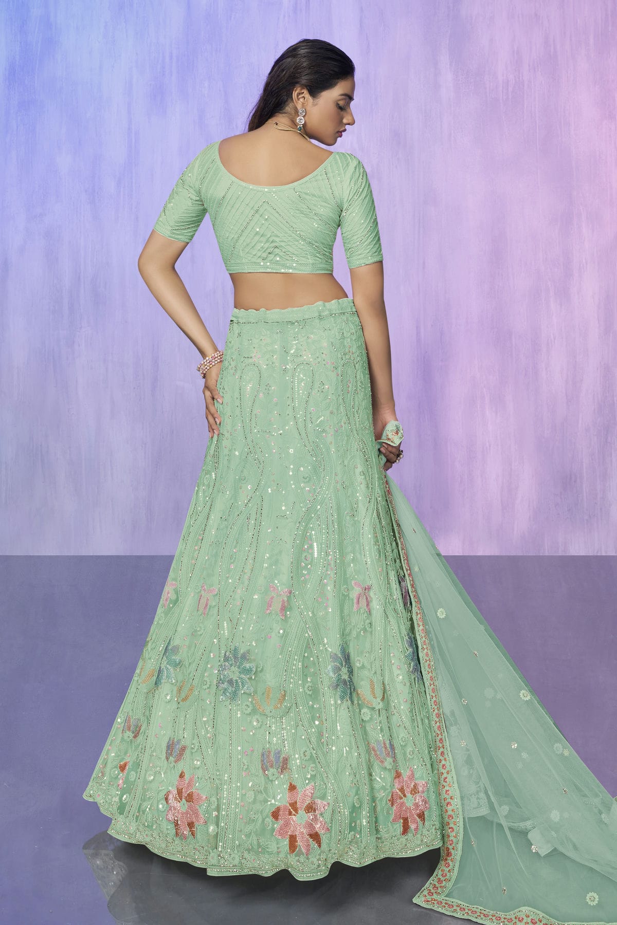 Aqua Blue Colour Embroidery Net Lehenga Choli VSLD1080741