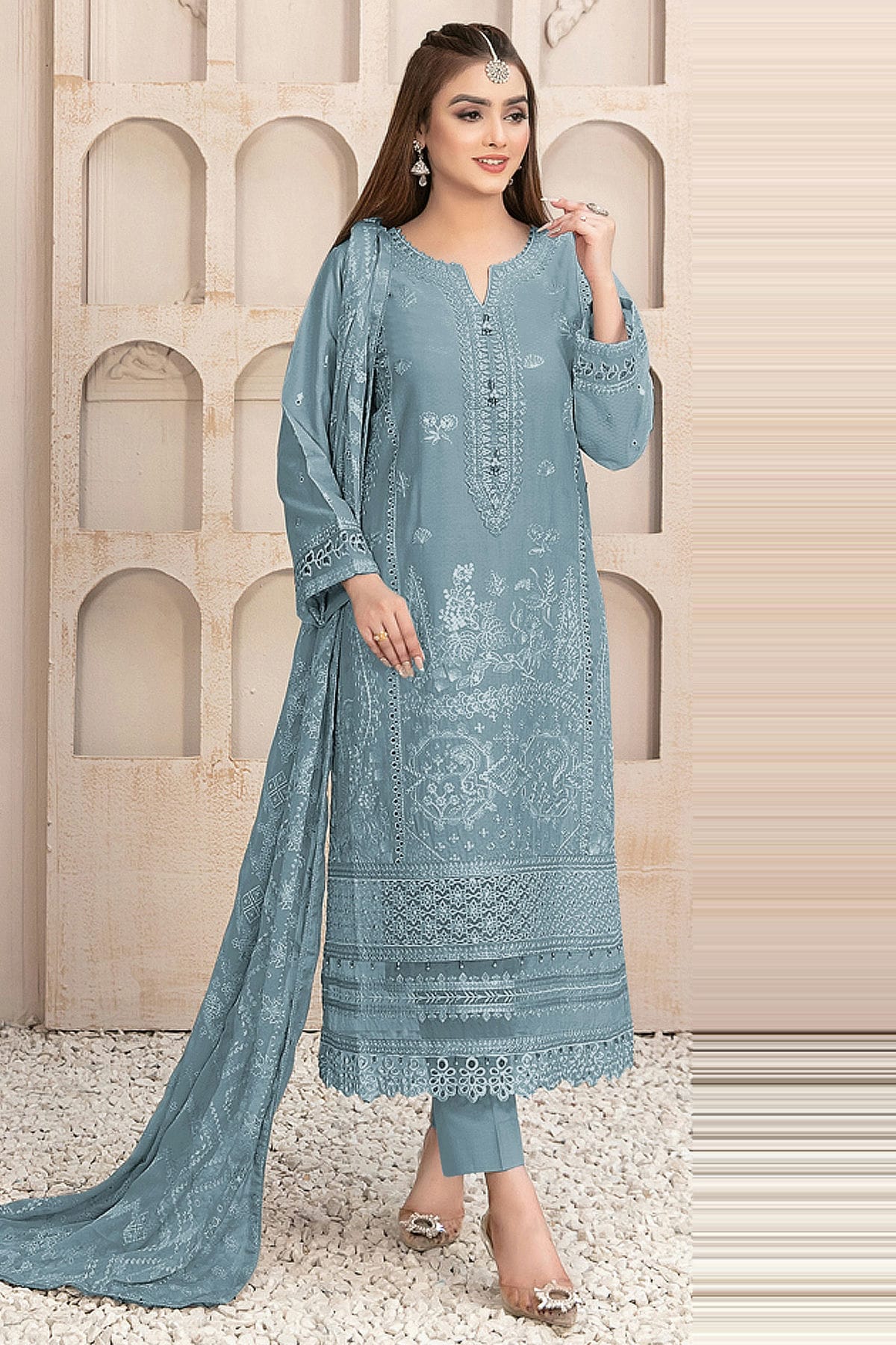royal blue long sleeve formal dress Teal Blue Embroidered Silk Farshi Salwar Suit Pakistani Outfit– Mehek main image 1