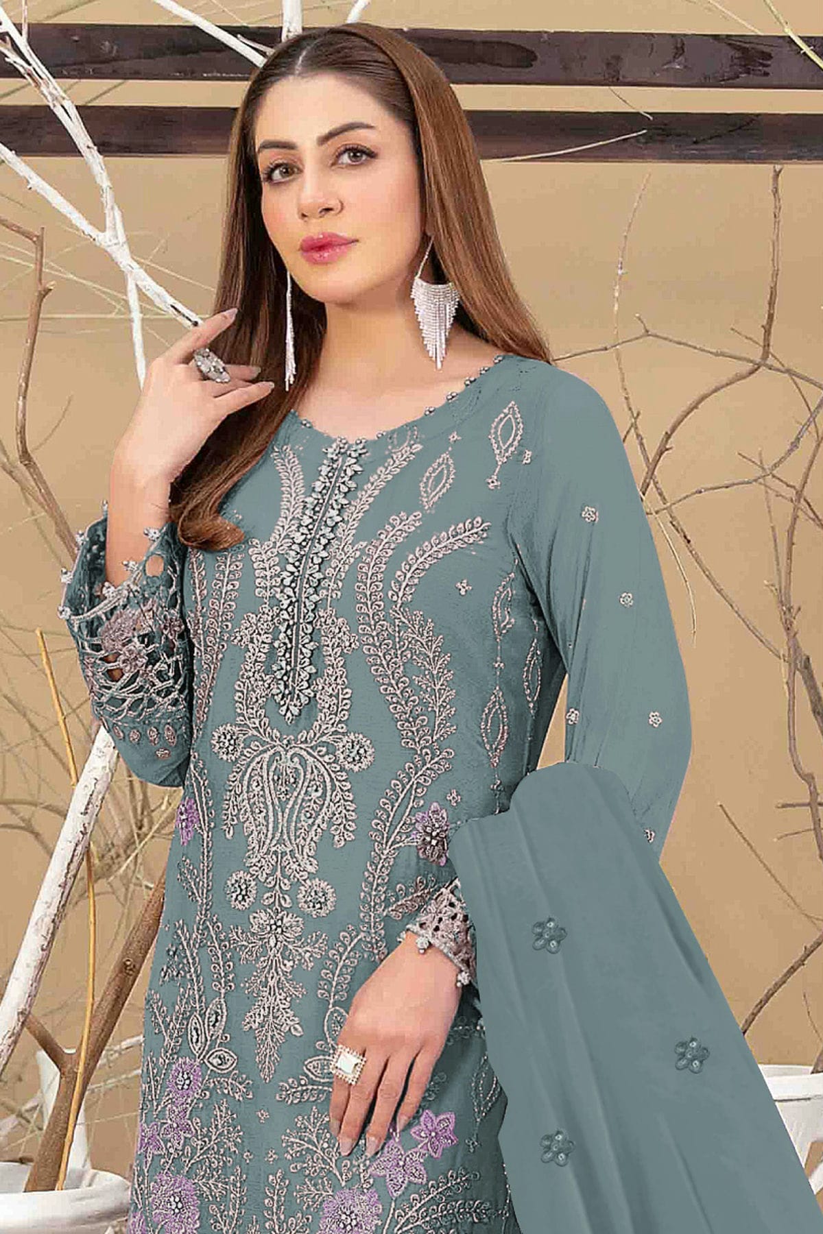 Aqua Blue Colour Semi Stitched Faux Georgette Pakistani Suit VSSM1140344