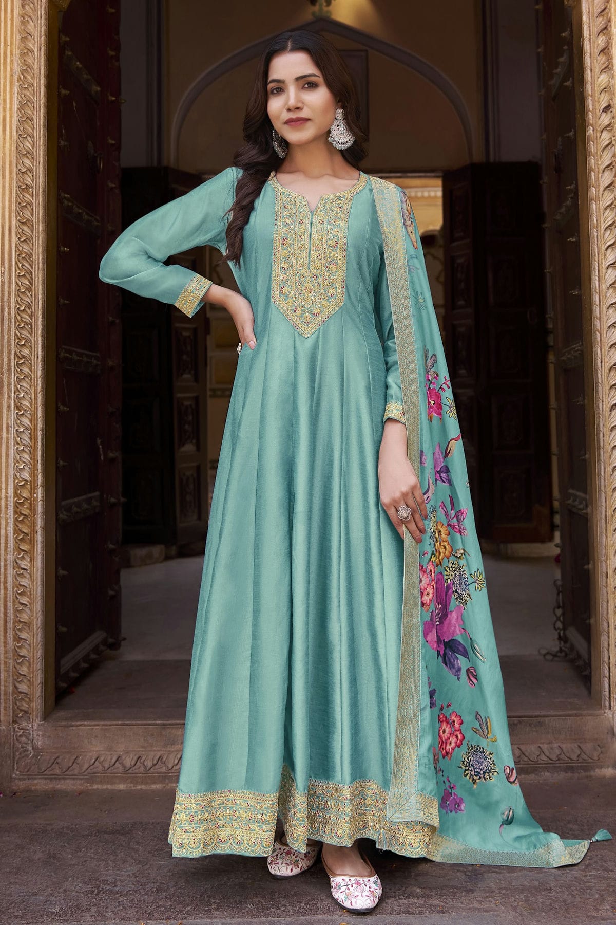 Shop Aqua Blue Semi Stitched Silk Anarkali Suit vastradi.com Shop Aqua Blue Semi Stitched Silk Anarkali Suit vastradi.com