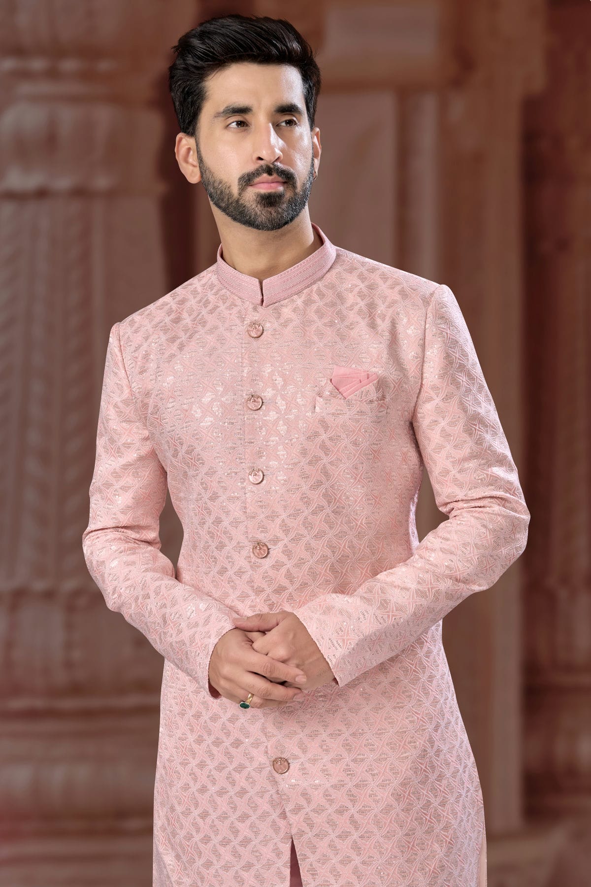 Baby Pink Colour Jacquard Sherwani VSSH1040567