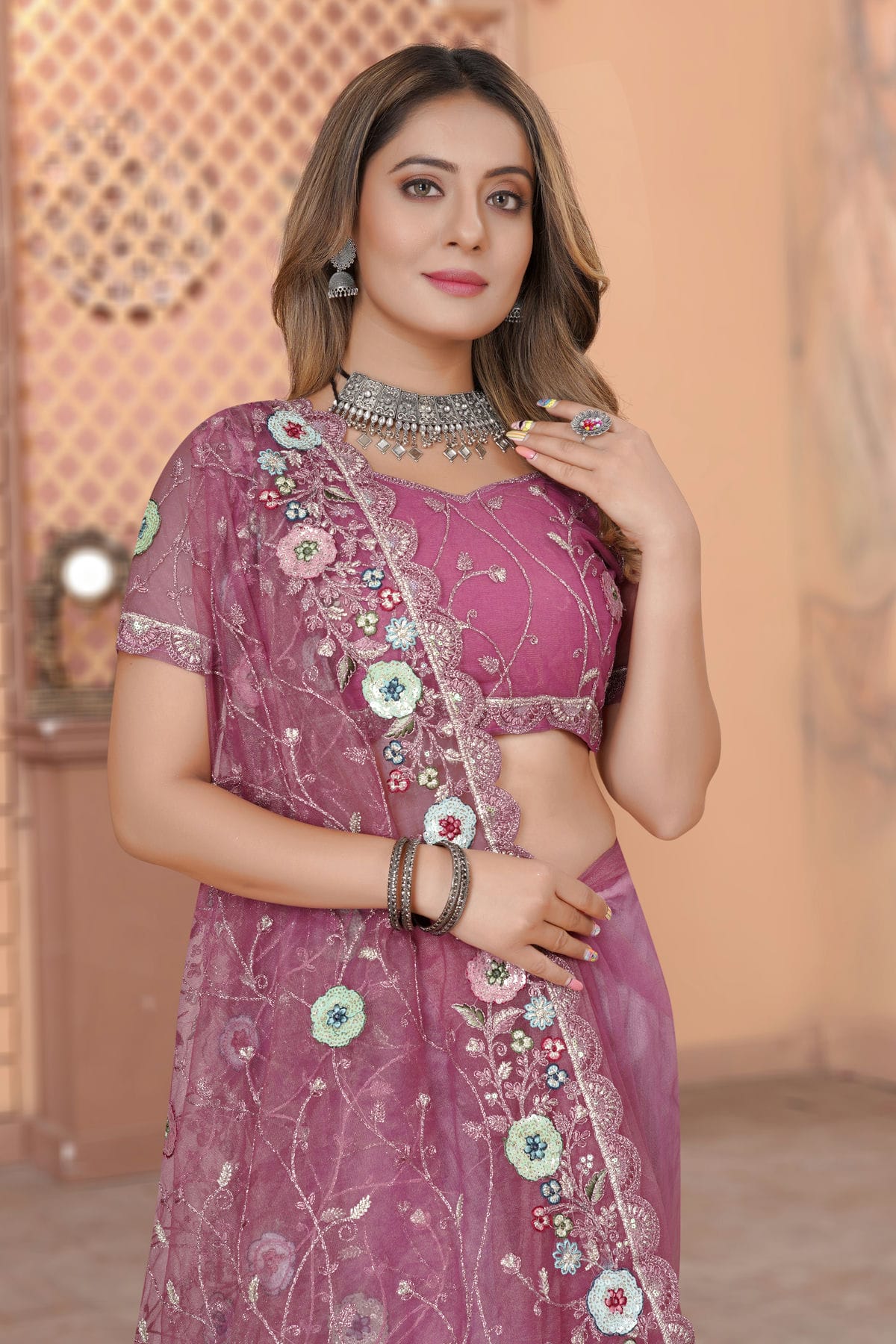 Baby Pink Colour Net Designer Saree