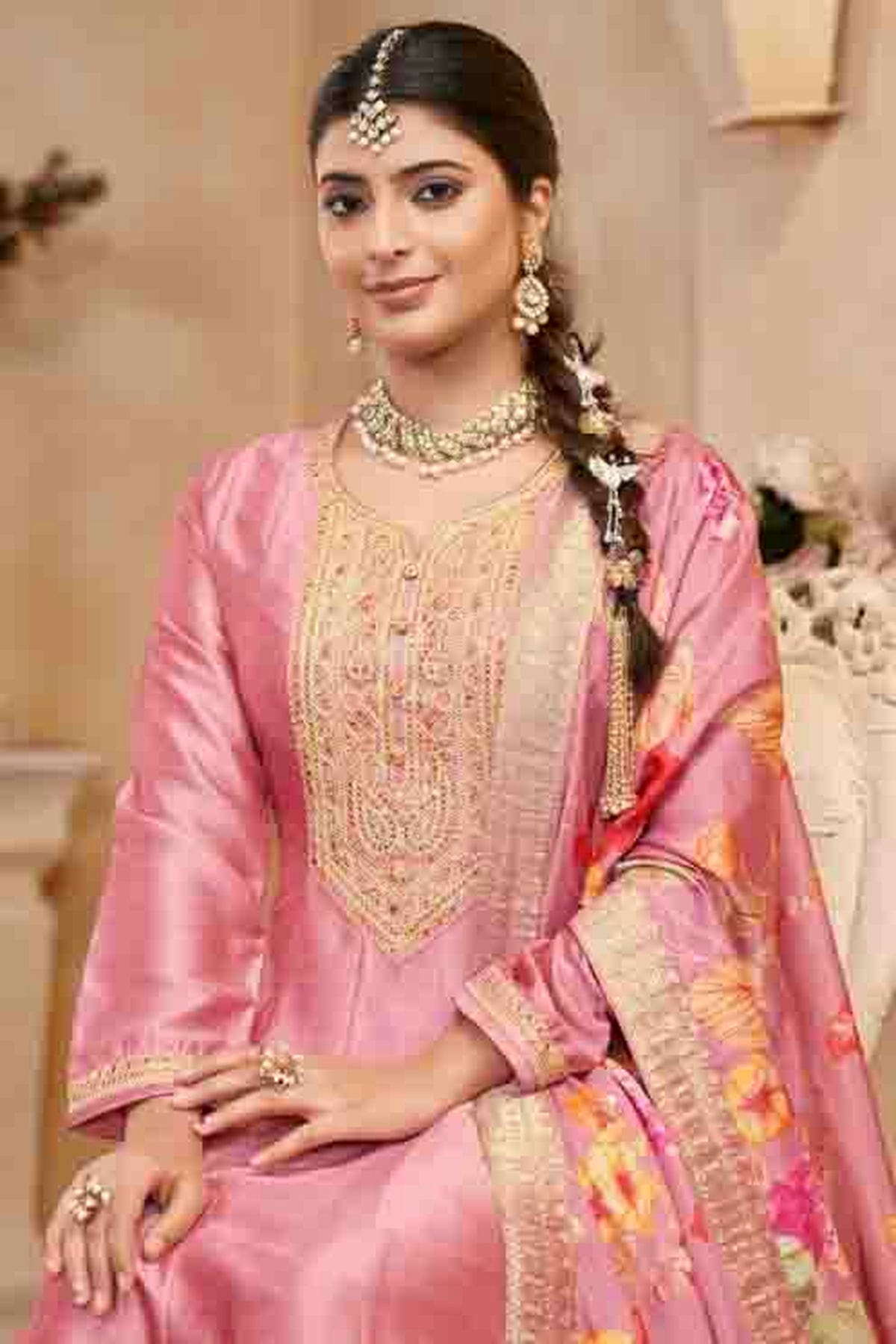 Baby Pink Colour Vichitra Silk Anarkali Suit VSSM1112947