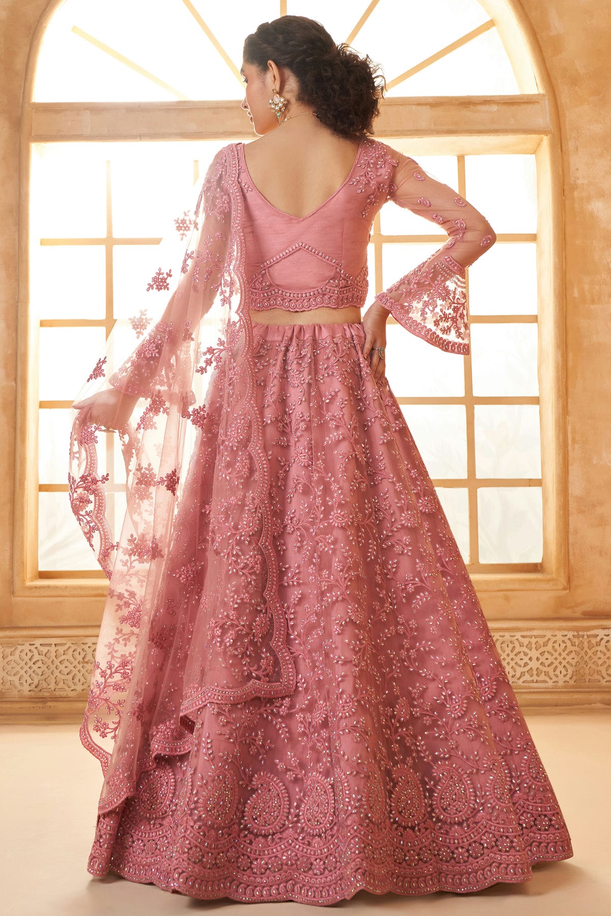 Baby Pink Embroidery Net and SilK Lehenga Choli VSLC1290147
