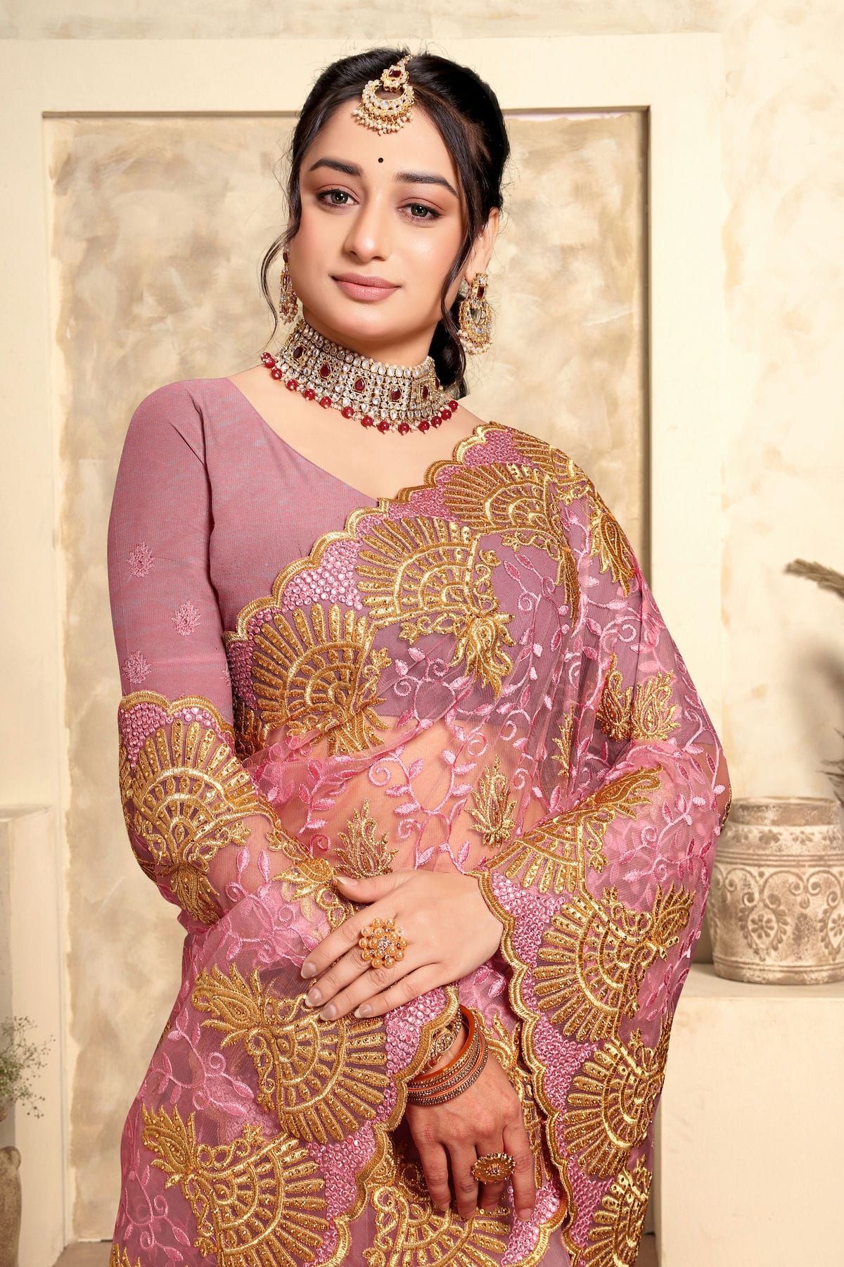 Baby Pink Colour Net Saree VSSD1090986