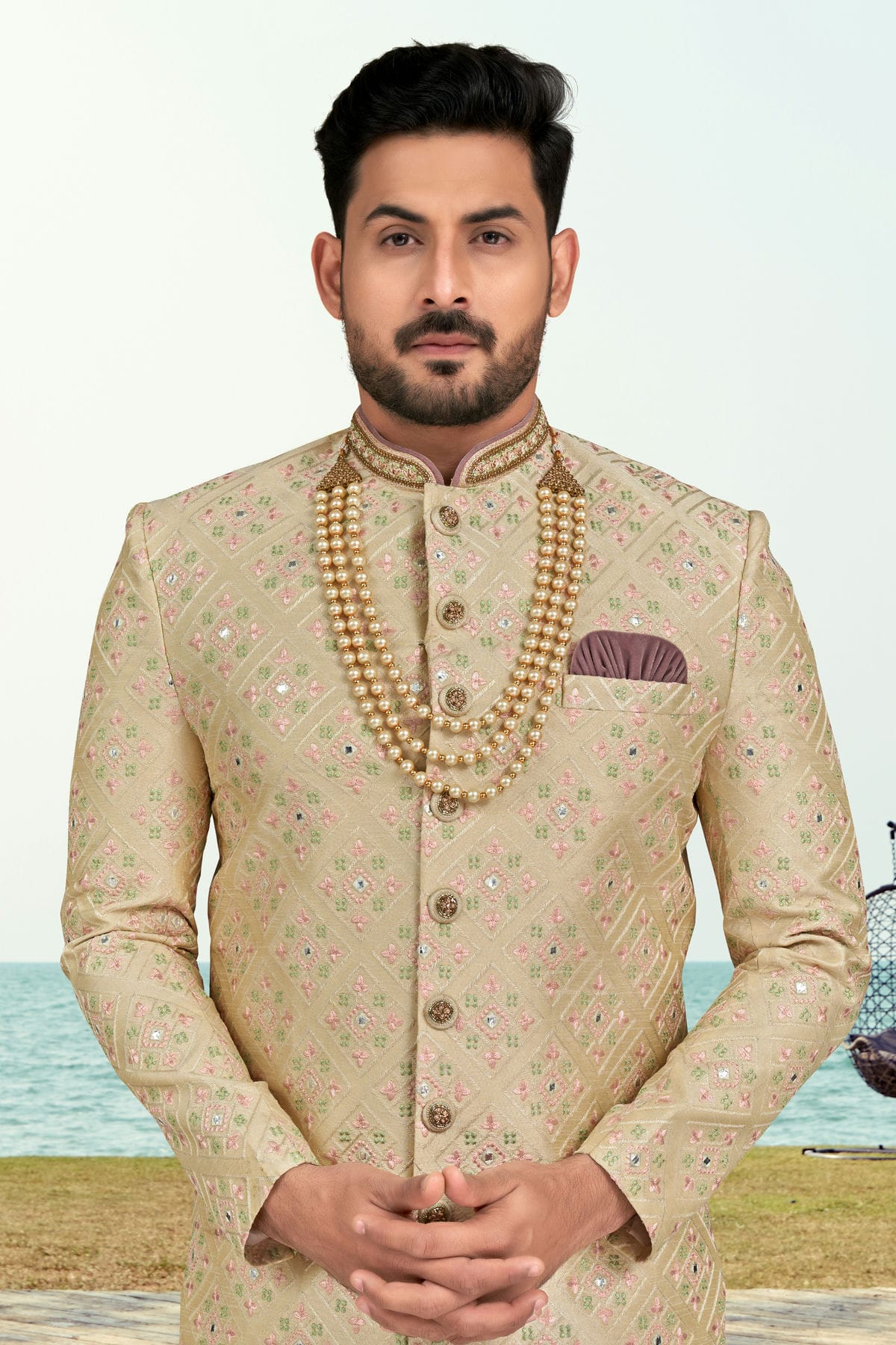 Beige Colour Banarasi Silk Sherwani VSSH1040516