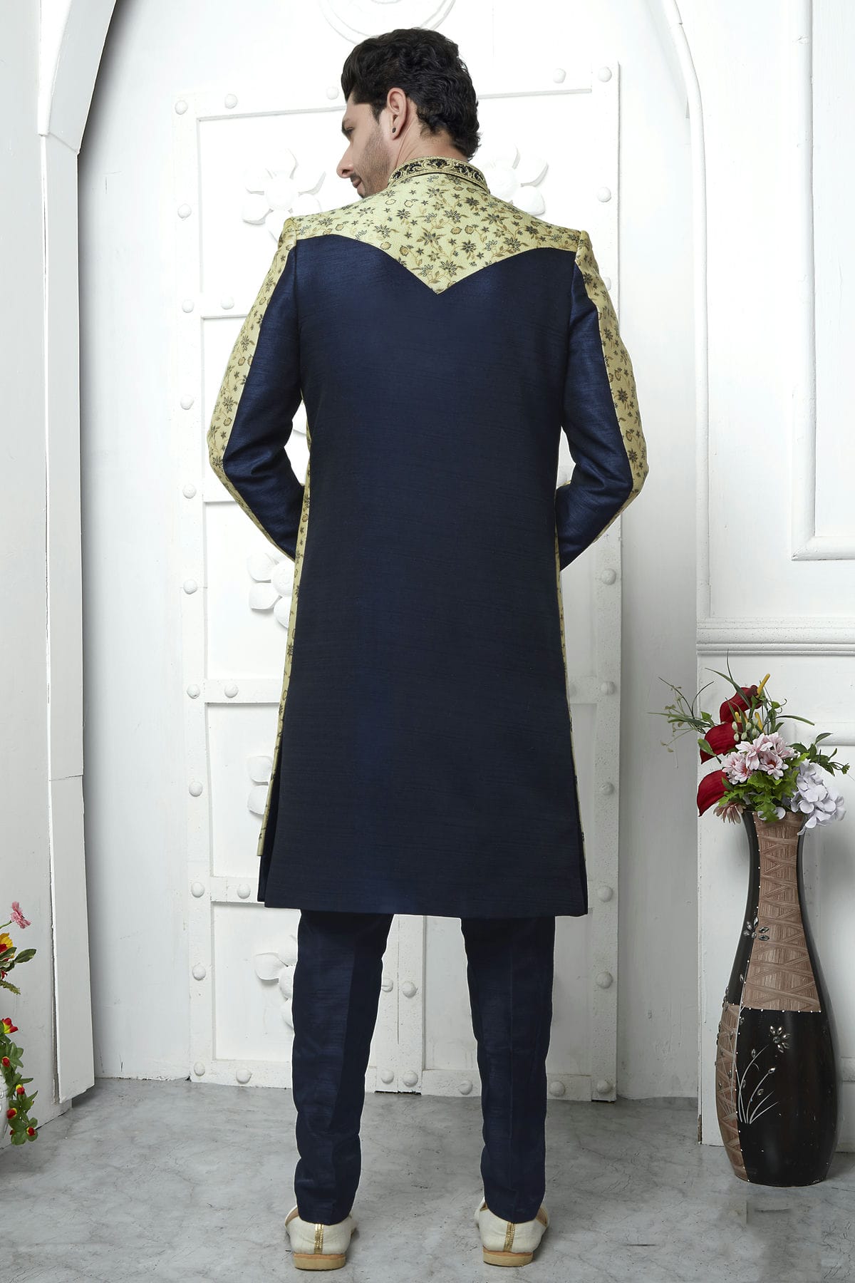 Beige Colour Jacquard Silk Indowestern Sherwani With Aligadhi Pant VSSH1230044