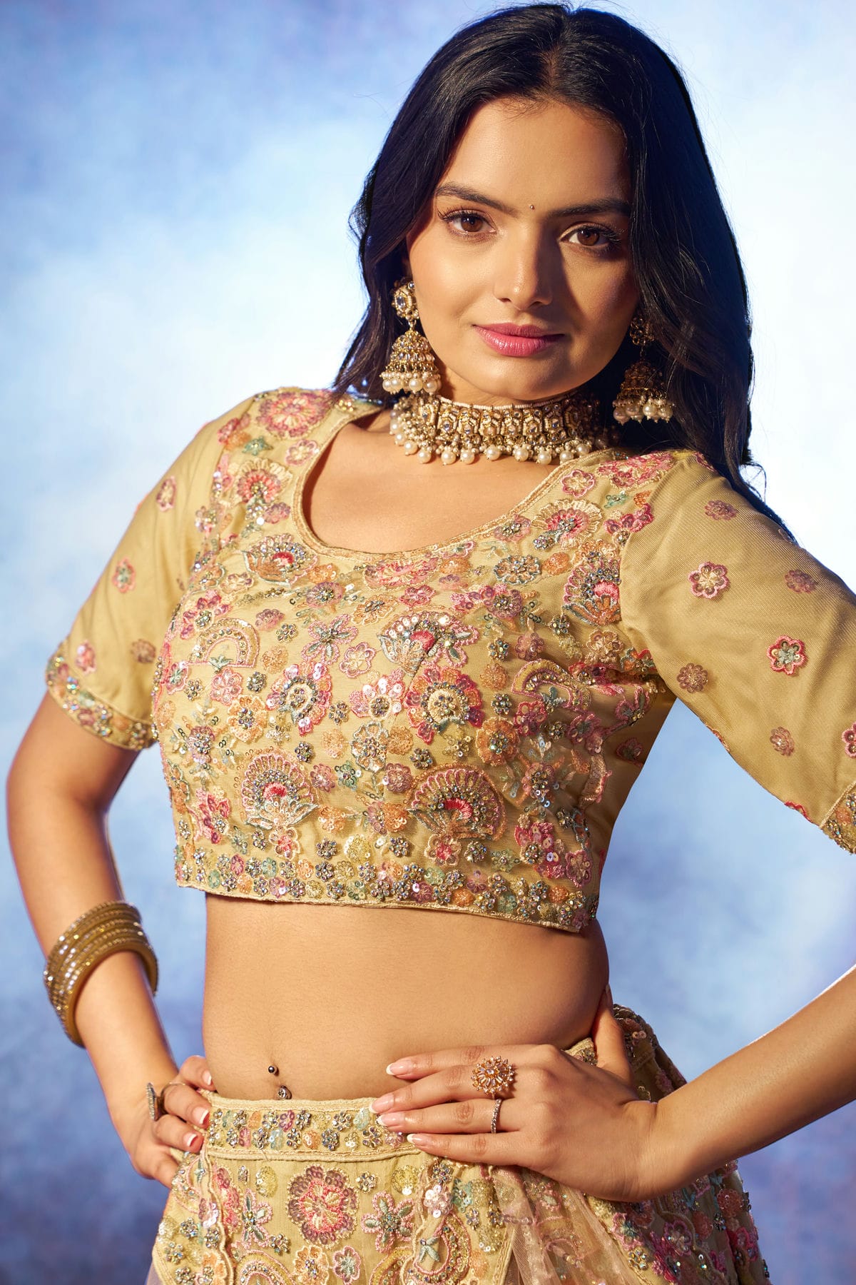 Beige Colour Semi Stitched Net Lehenga Choli VSLC1080903