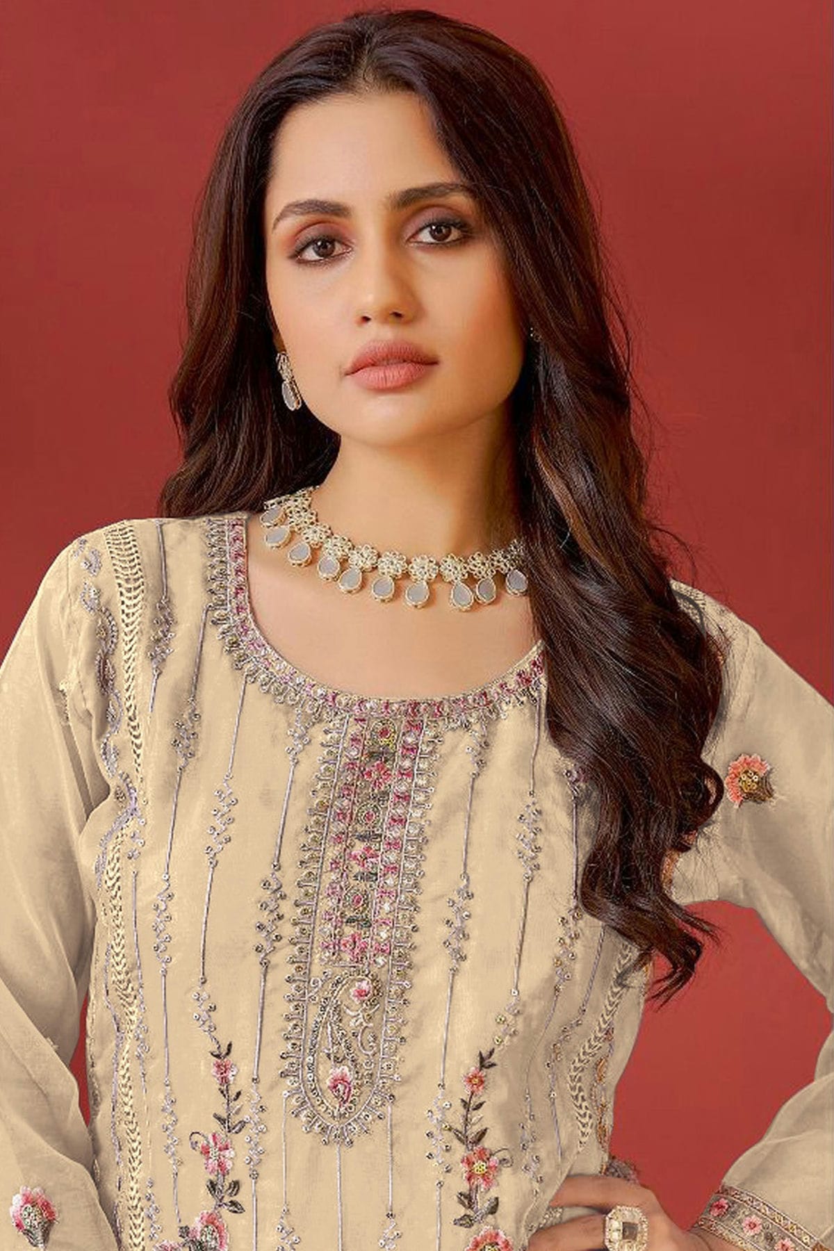 Beige Colour Semi Stitched Organza Pakistani Suit VSSM1140171