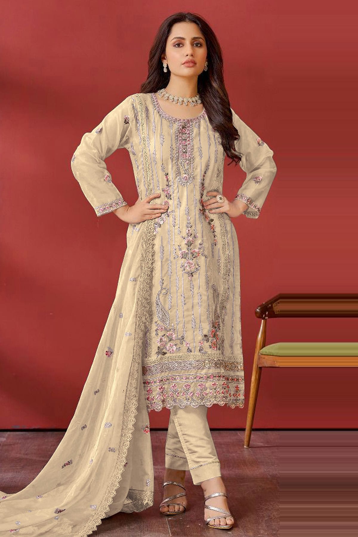 Shop Beige Semi Stitched Organza Pakistani Suit vastradi.com Shop Beige Semi Stitched Organza Pakistani Suit vastradi.com