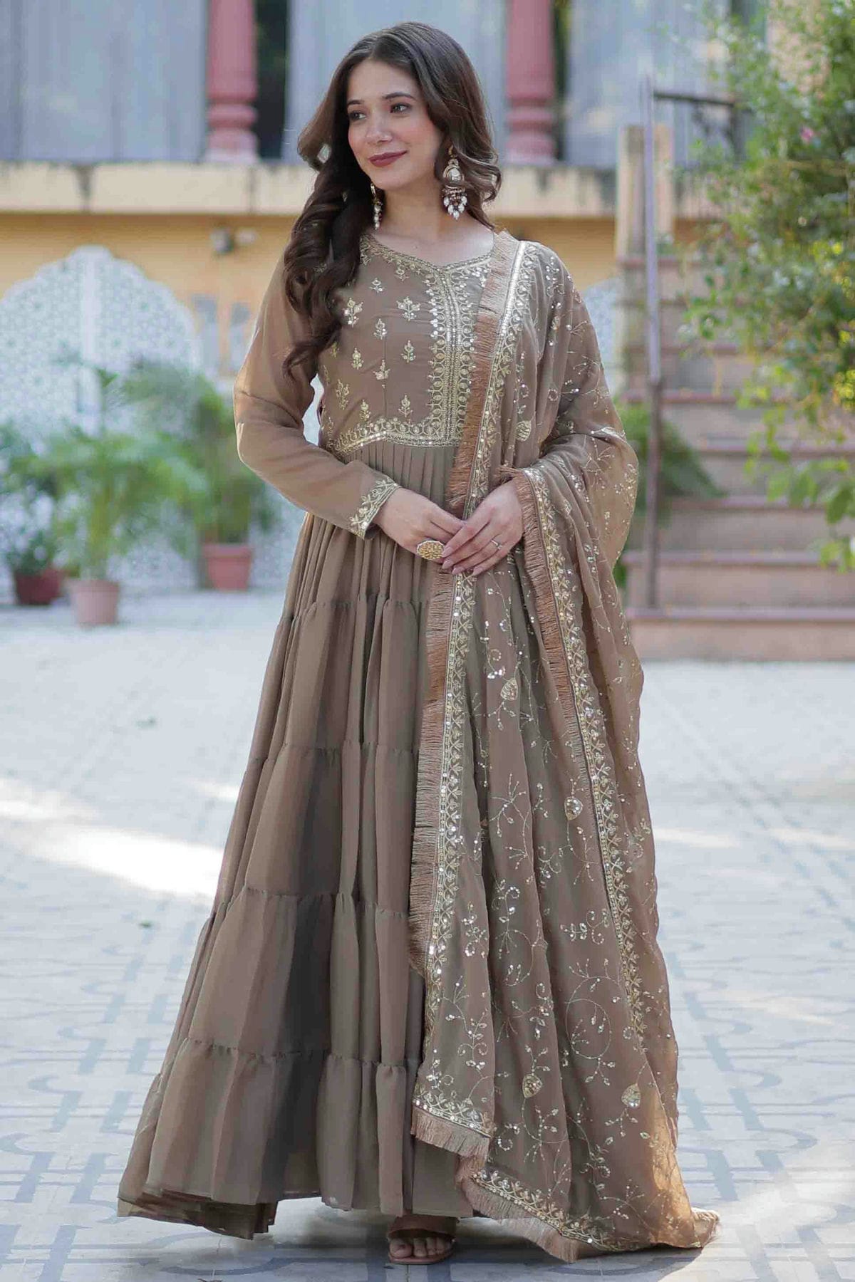 Shop Beige Colour Stitched Georgette Gown VSGW vastradi.com Shop Beige Colour Stitched Georgette Gown VSGW vastradi.com