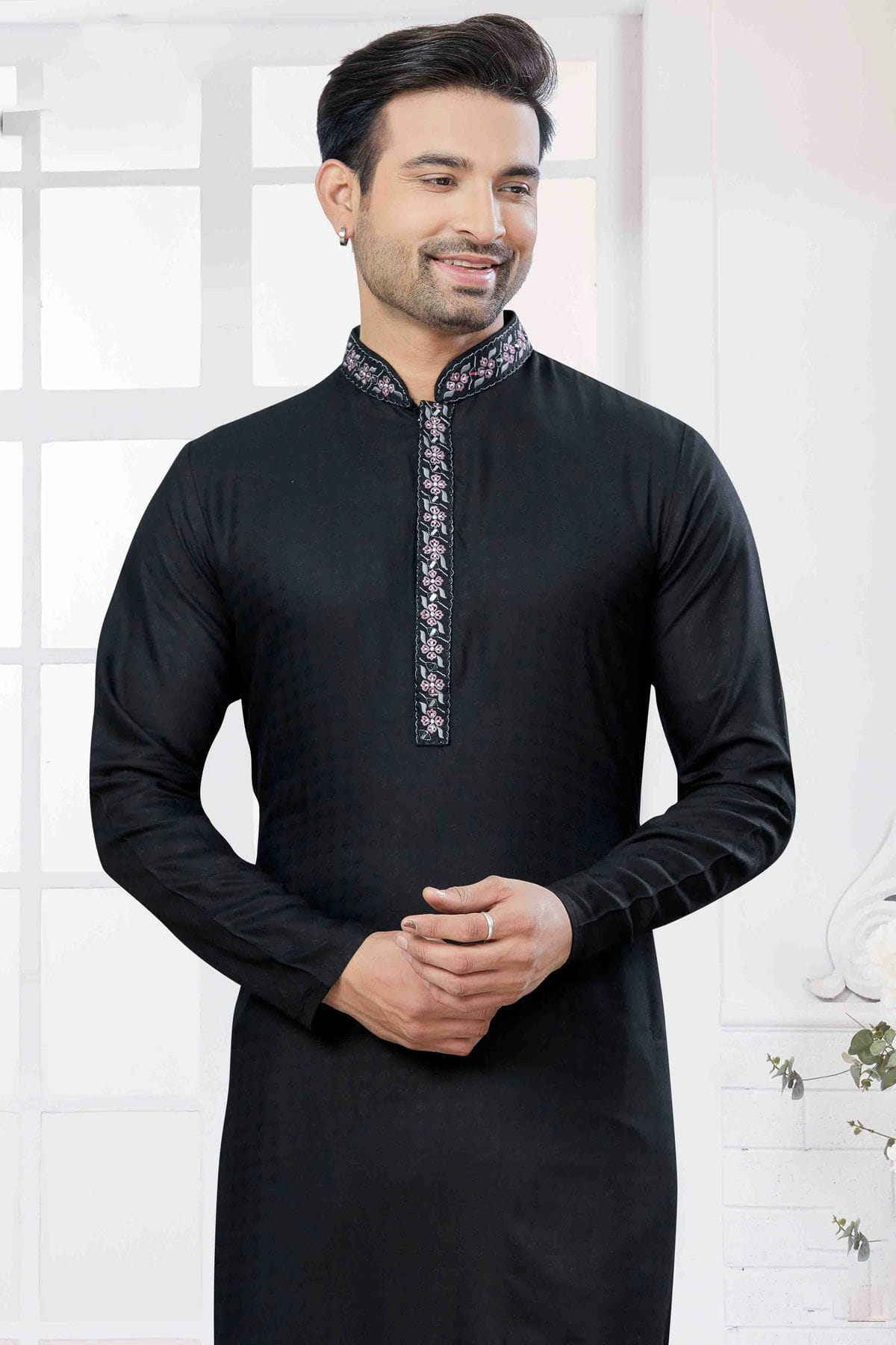 Black Colour Embroidery Cotton Kurta Pajama VSKP1113433