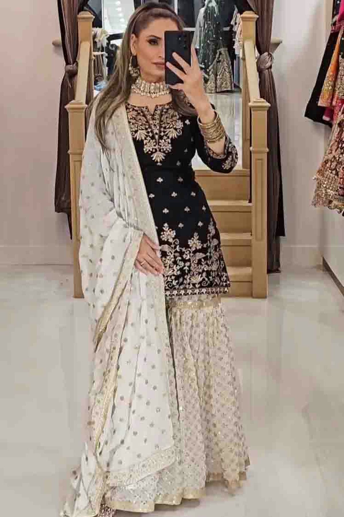 Black Colour Faux Georgette Stitched Sharara Suit VSSS1140974