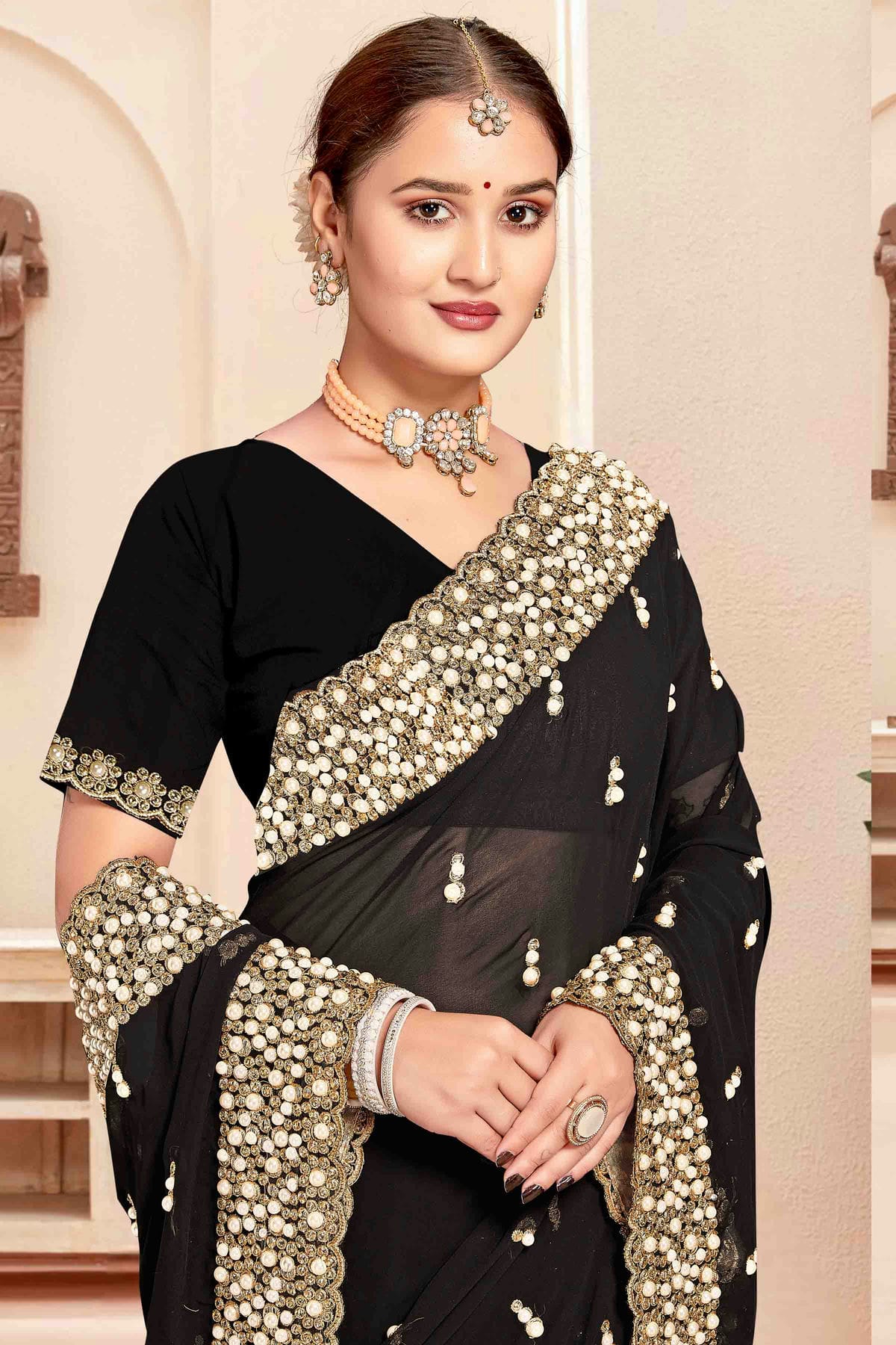 Black Colour Georgette Embroidery Work Designer Saree VSSD1091242