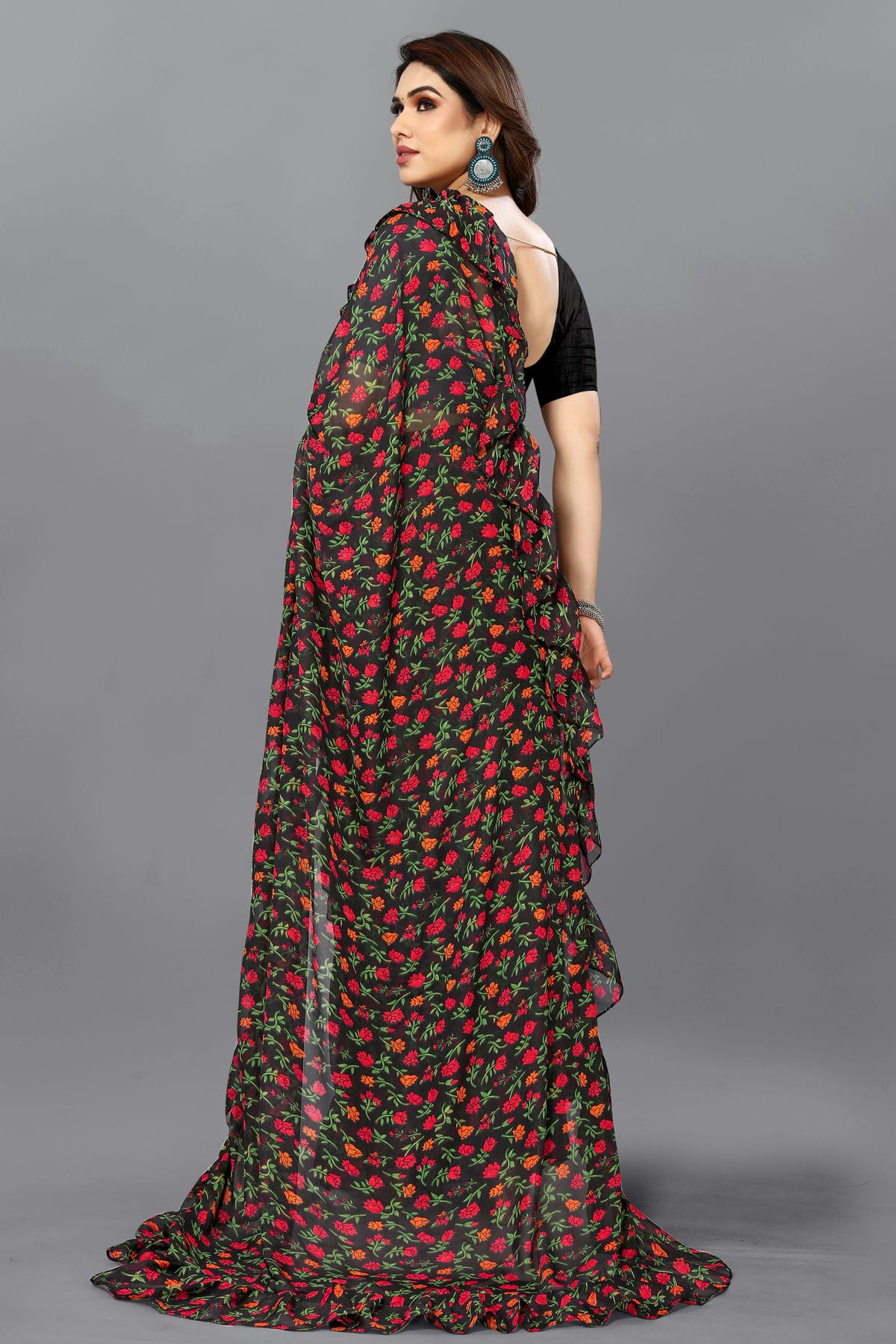 Black Colour Georgette Ruffle Saree VSSD1180111