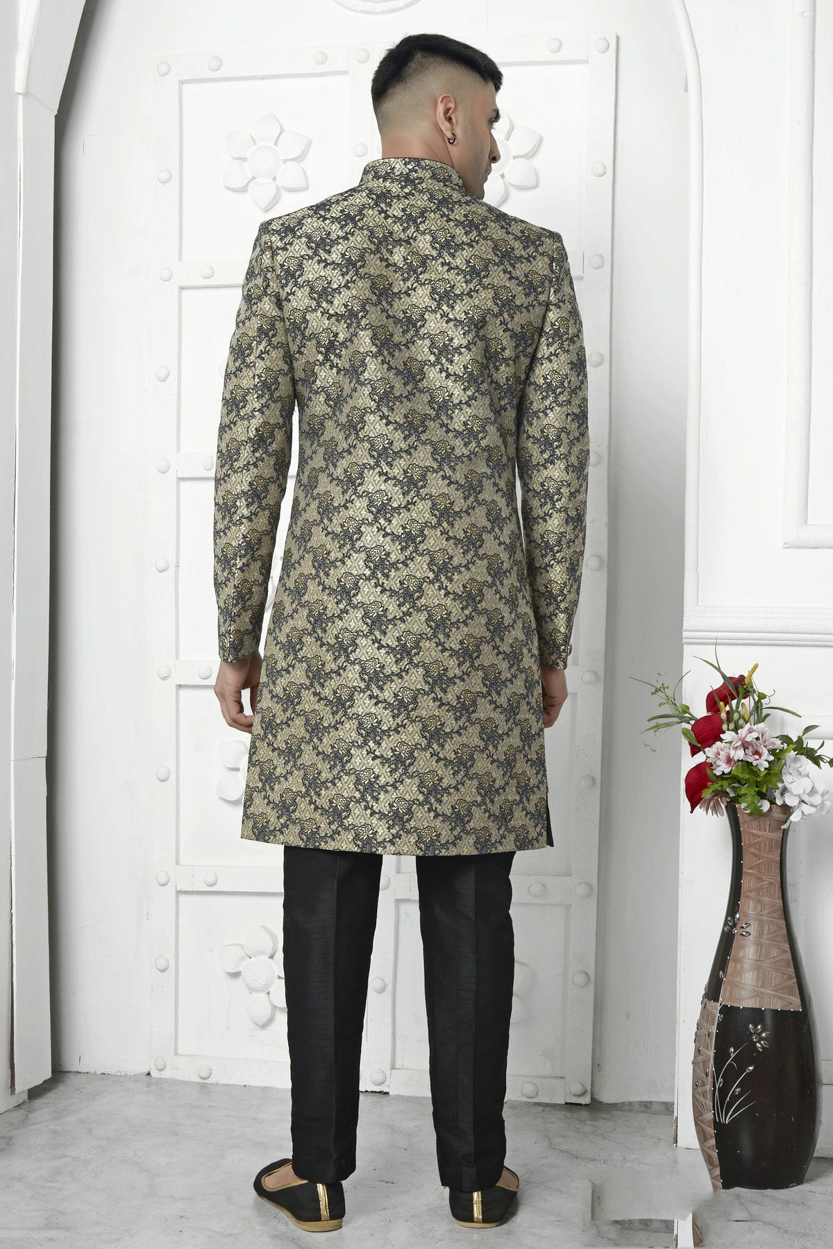 Black Colour Jacquard Silk Indowestern Sherwani With Aligadhi Pant VSSH1230040