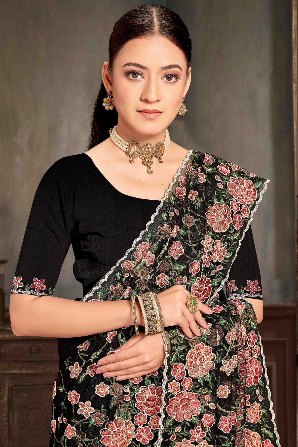 Black Colour Net Embroidery Work Designer Saree VSSD1091231
