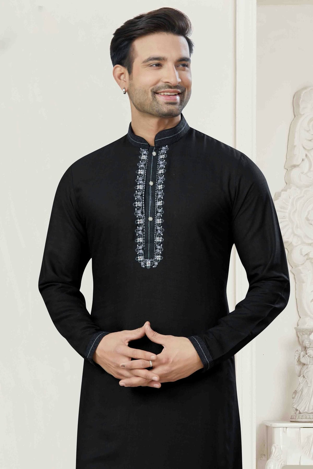 Black Colour Pintex Work and Embroidery Cotton Kurta Pajama VSKP1113427