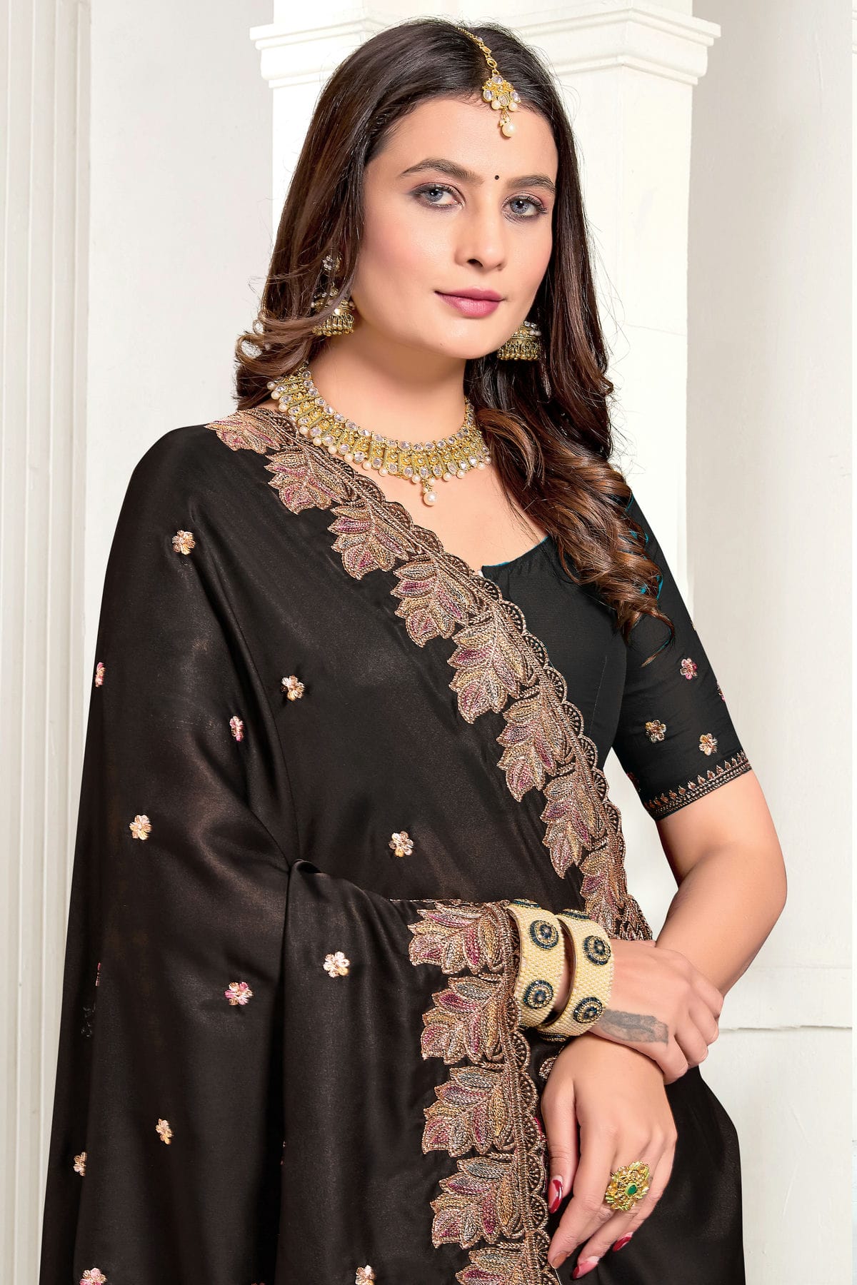 Black Colour Satin Designer Saree