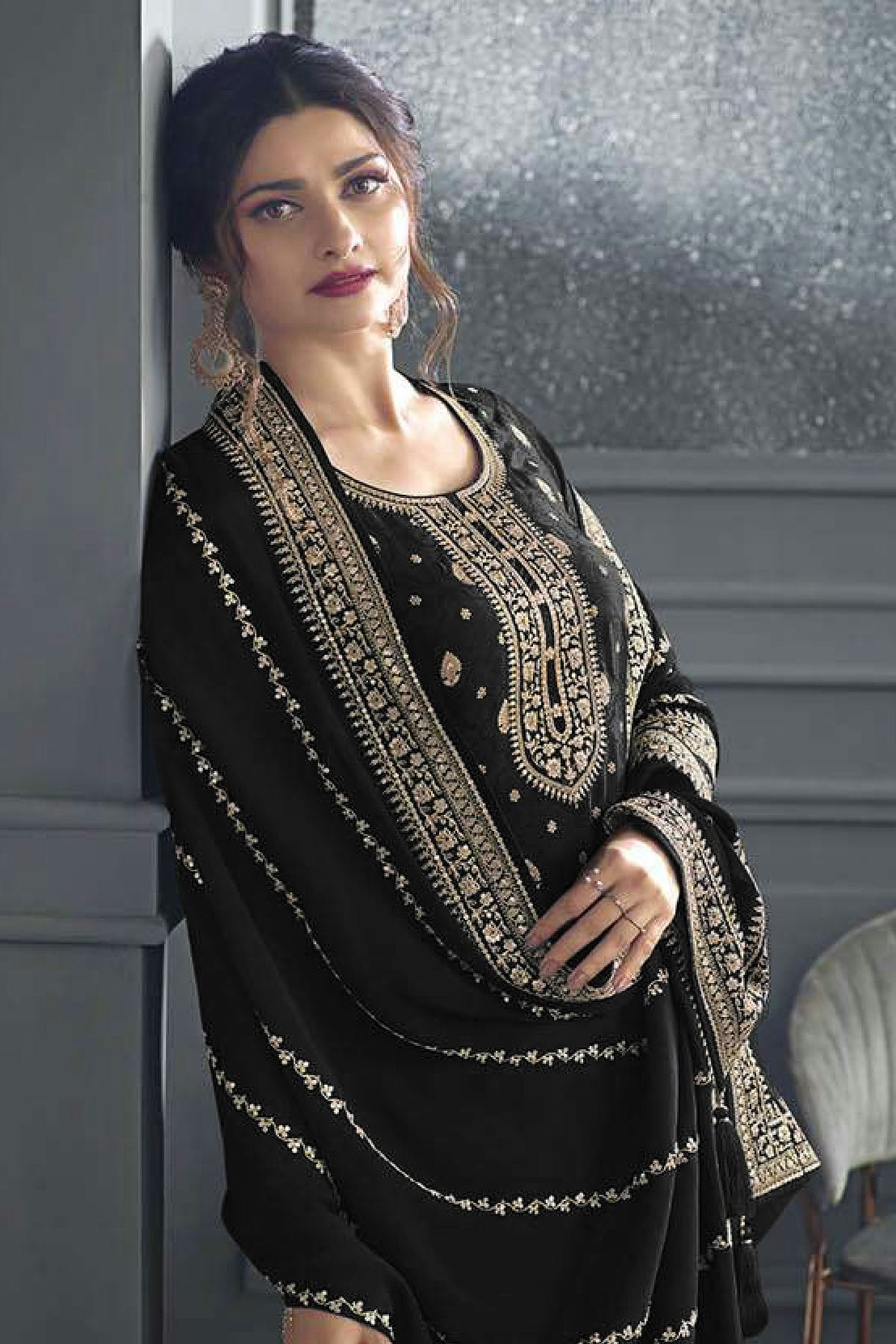 Black Colour Semi Stitched Dola Jacquard Silk Palazzo Pant Suit VSSM1140209