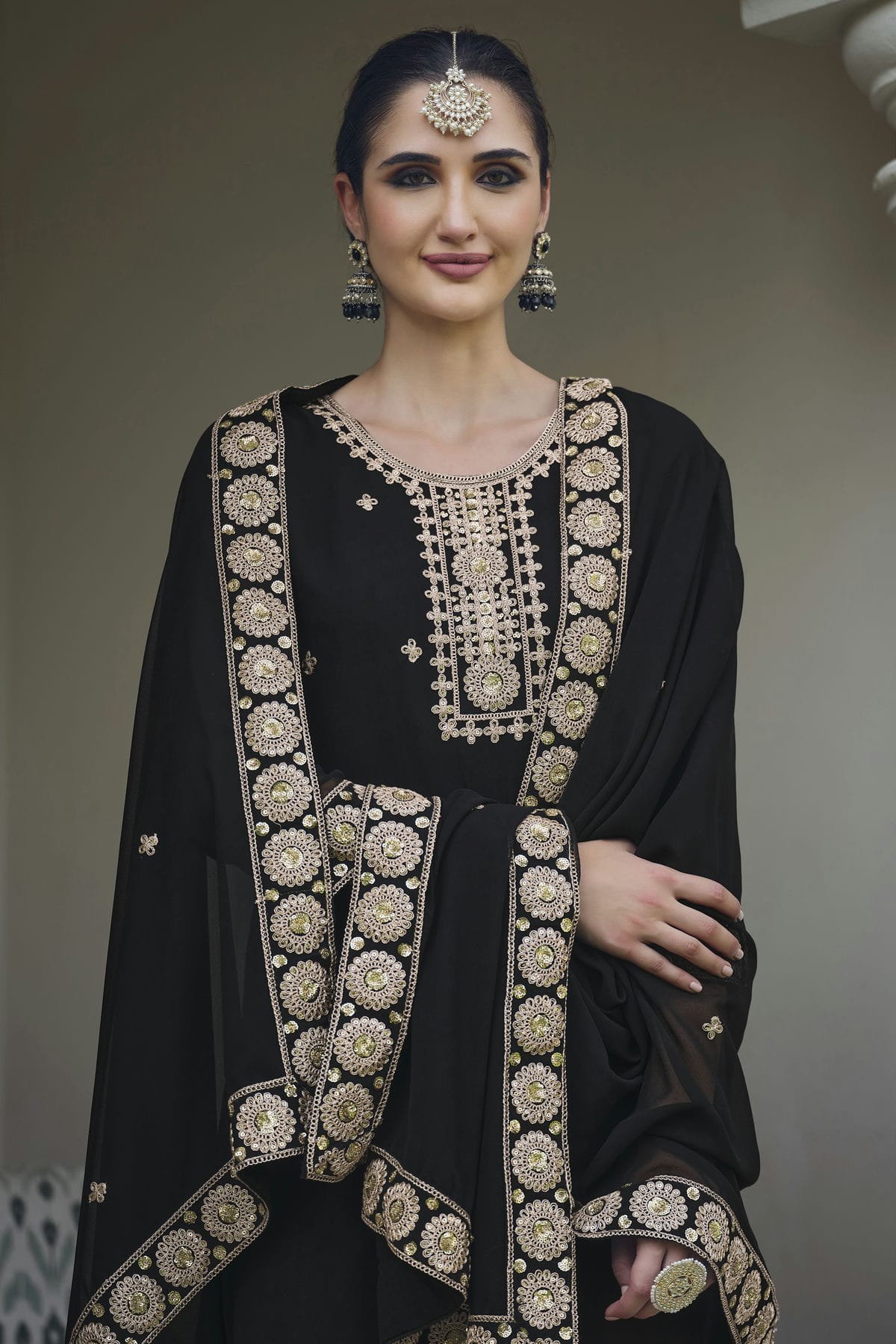 Black Colour Semi Stitched Georgette Palazzo Pant Suit VSSM1140302