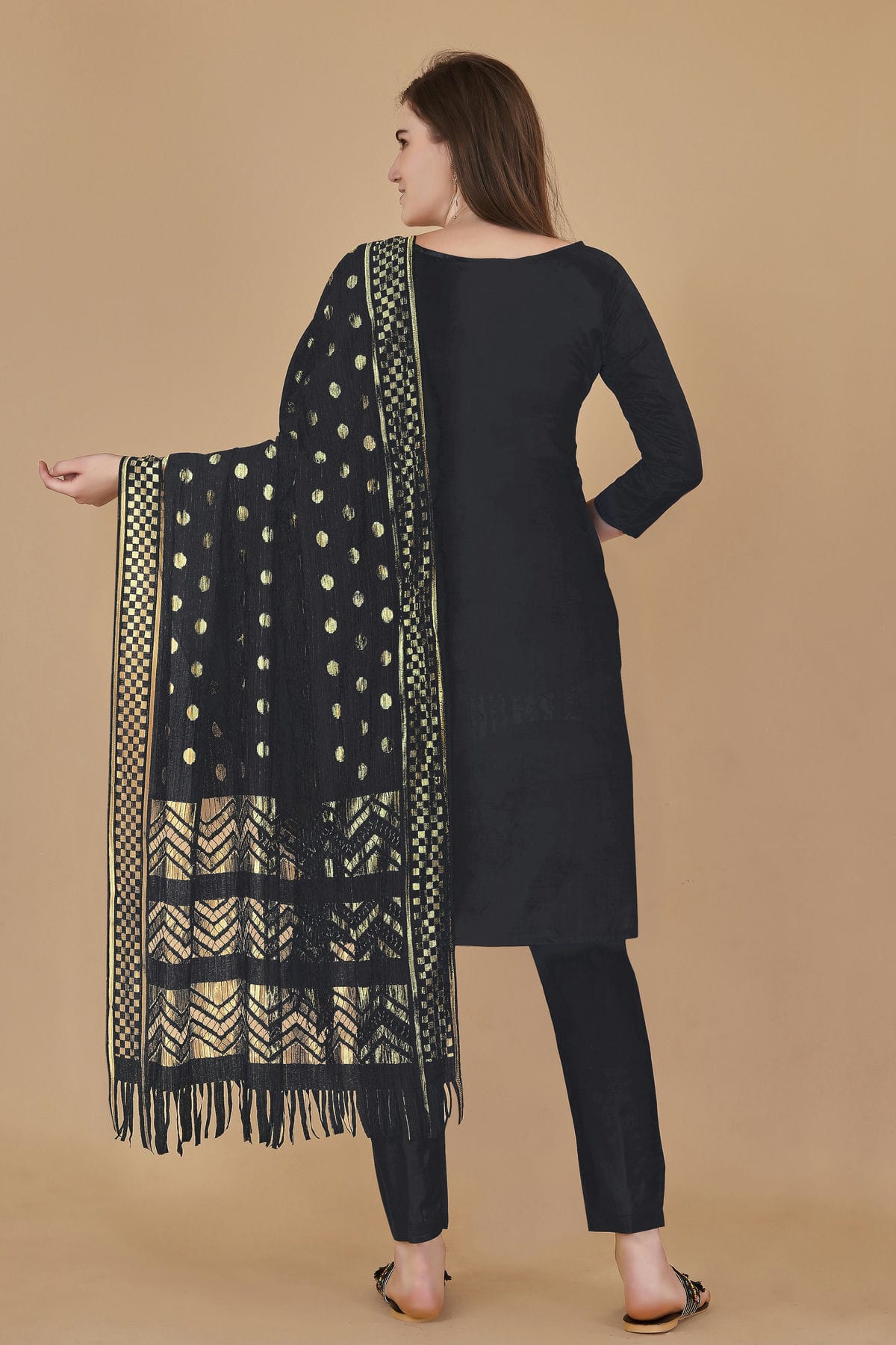 Black Colour Unstitched Cotton Jacquard Straight Suit VSUS1160874