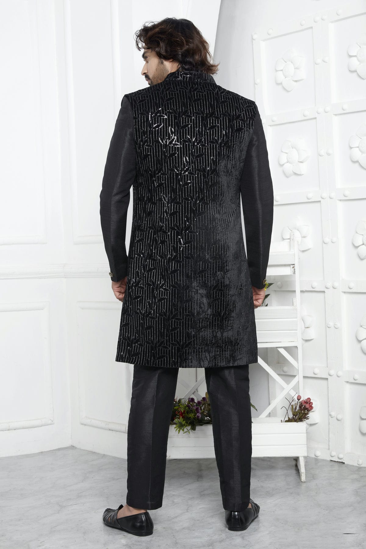 Black Colour Velvet Silk Indowestern Sherwani With Aligadhi Pant VSSH1230013