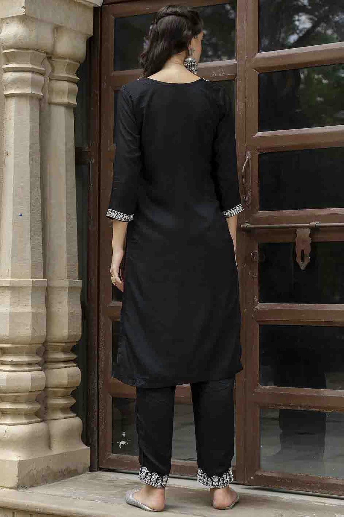 Black Colour Viscose Roman Silk Stitched Pant Style Suit VSSS1113902