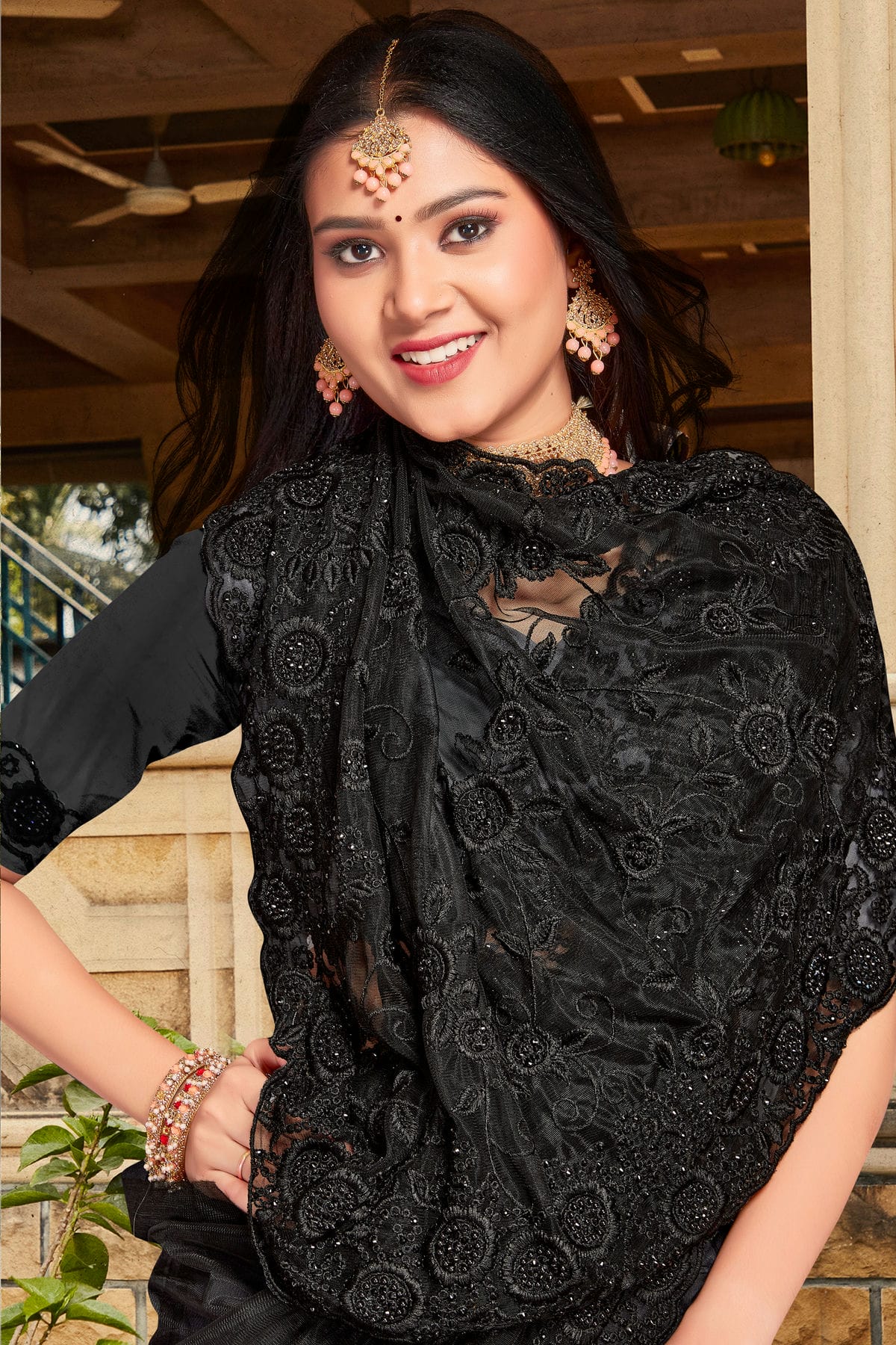 Black Colour Net Saree VSSD1090852