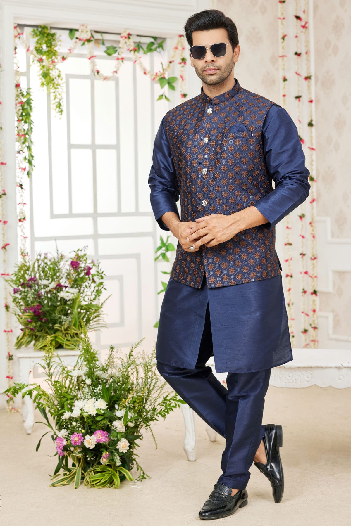 Shop Blue Art Silk Kurta Pajama With Jacket VSKP1230278