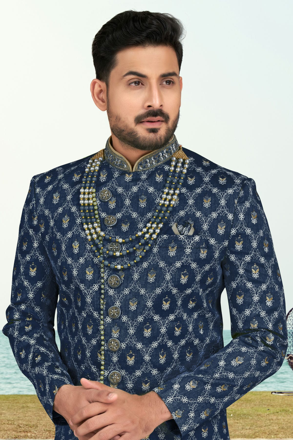 Blue Colour Banarasi Silk Sherwani VSSH1040537