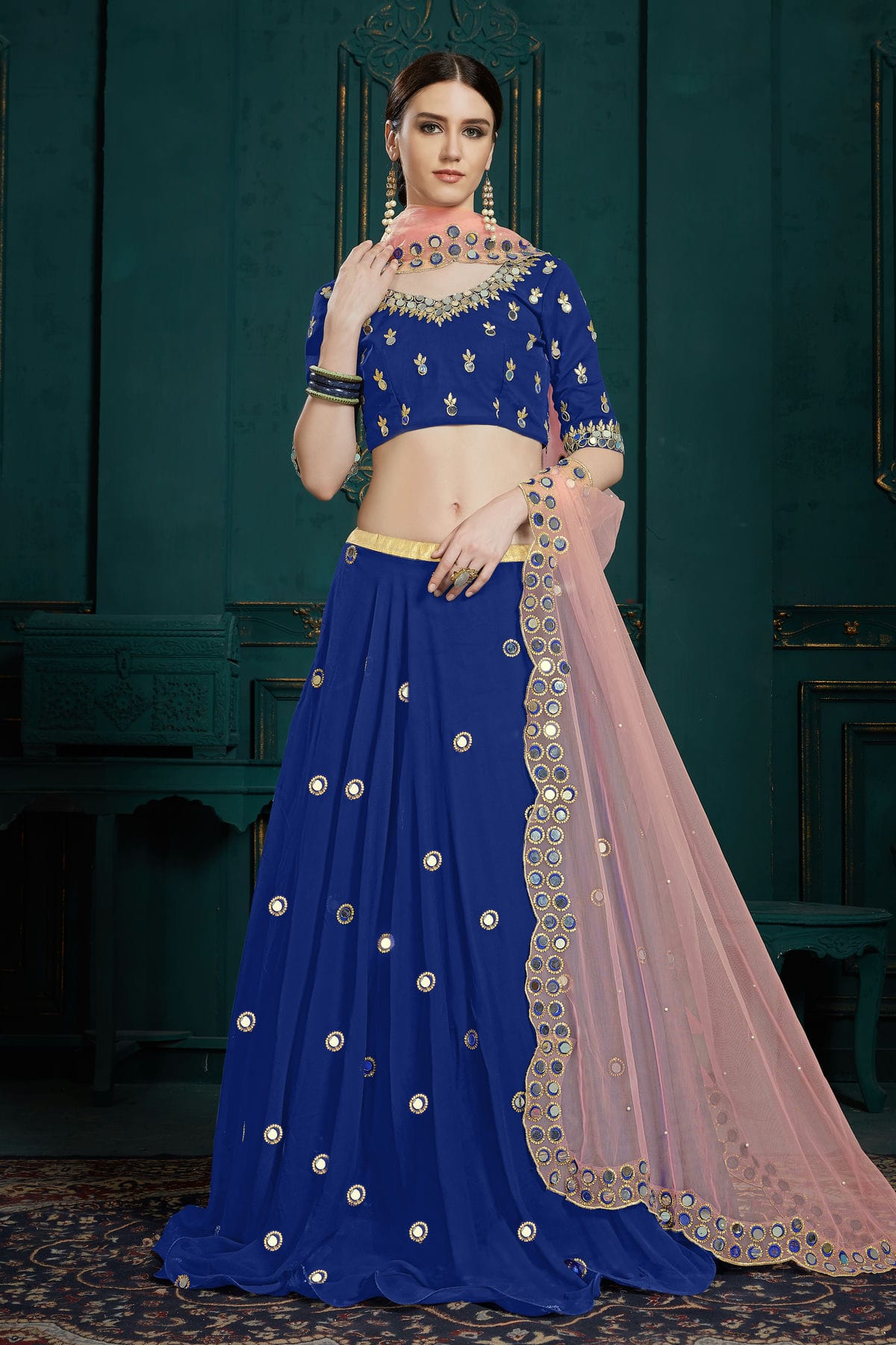 Blue Colour Embroidery Georgette Lehenga Choli VSLD1080687